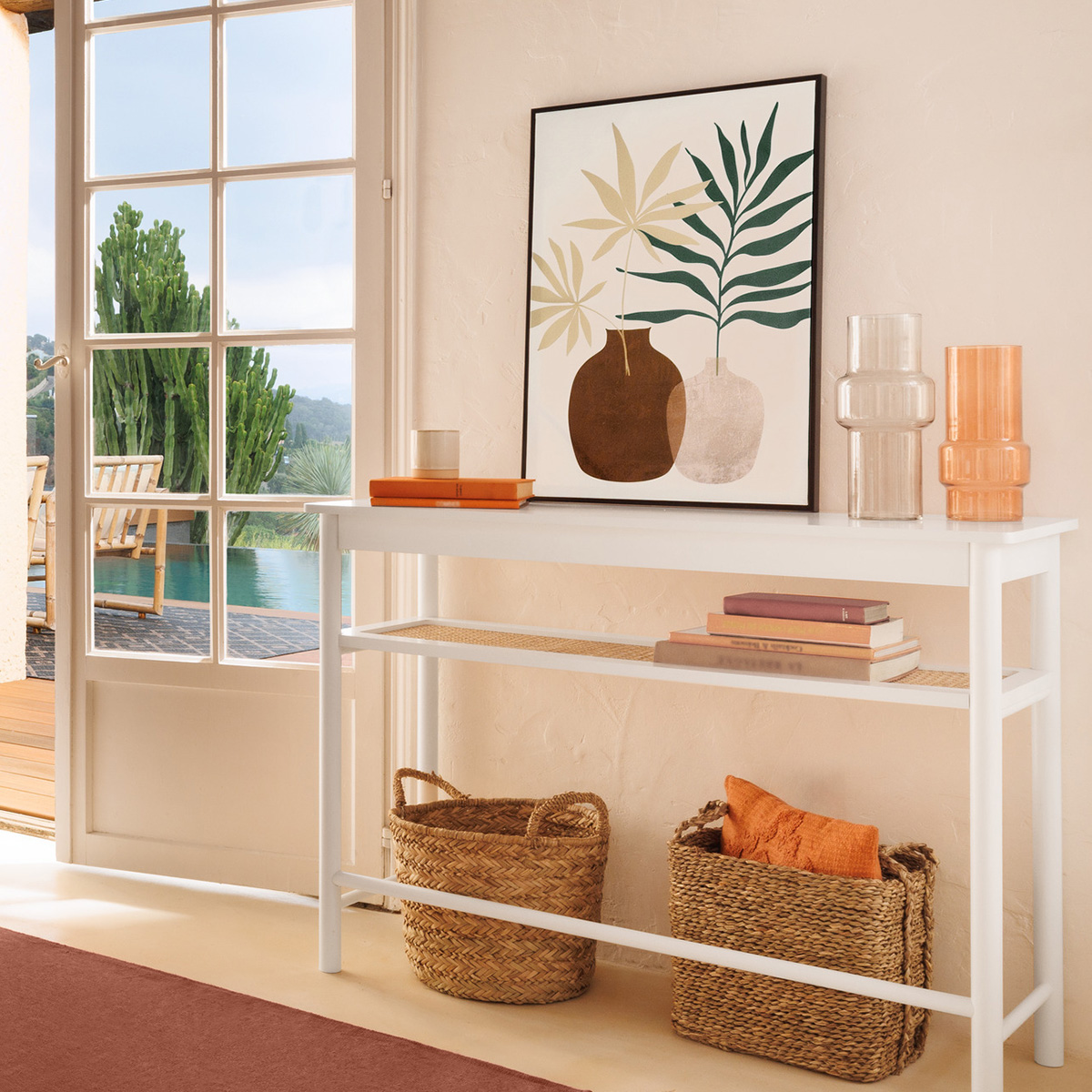 "Cabras" console table White wood, Rattan, L.110 cm