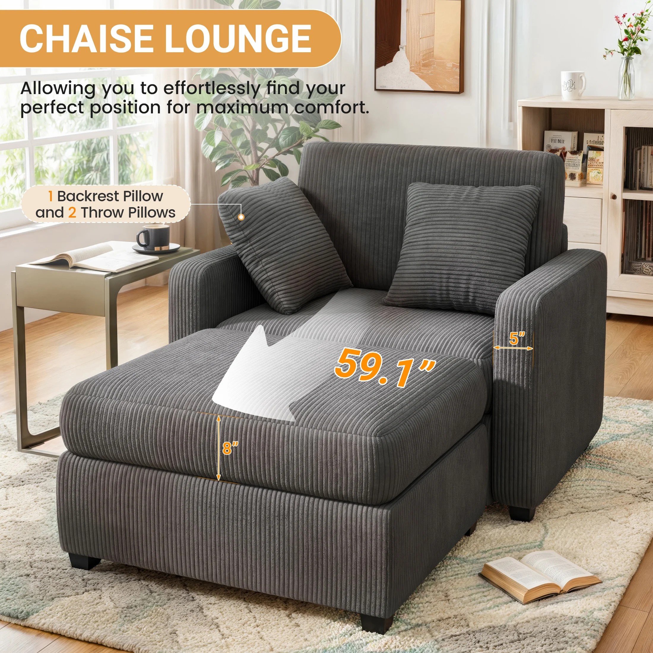 LUMIHO Chaise Lounge Chair Indoor, 42" Sleeper Chair with Two Throw Pillows and Armrests, Corduroy Chaise Couch Chair with Ottoman for Living Room, Bedroom, Apartment, Green - Image 29