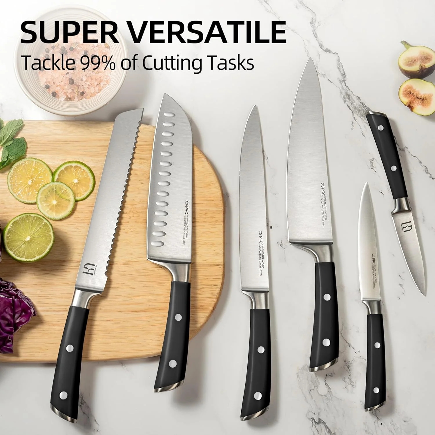 Knife Set 15 Pcs Japanese High Carbon Stainless Steel Kitchen Knife Sets with Block and Sharpener, Premium Razor Sharp Black Knives Block Set for Kitchen with Ergonomic Full-tang Handle