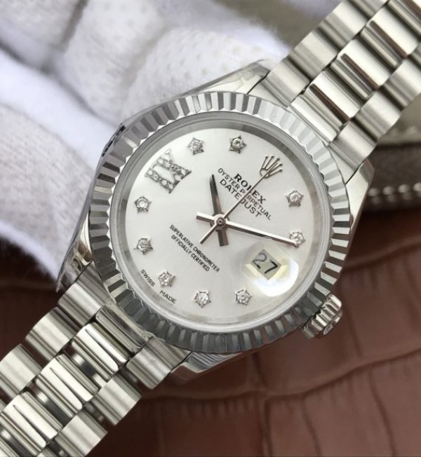 Replica Rolex DateJust 28mm Fluted Bezel White Dial Diamonds Rome Markers Bracelet A2236 - Elite Watch Atelier
