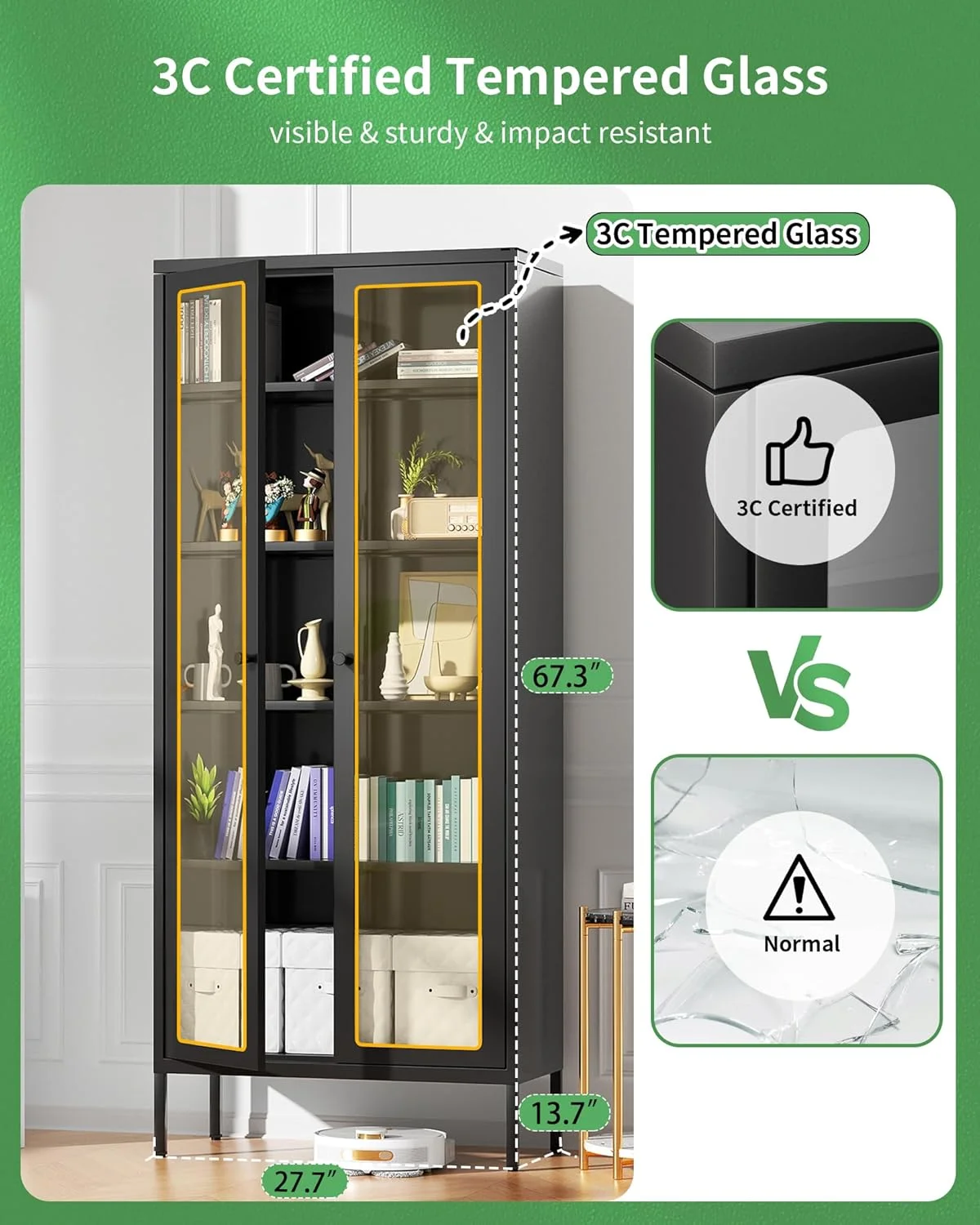 SUNCROWN Metal Storage Cabinet, Curio Display Cabinet with 2 Glass Display Door and 4 Shelves, Side Storage Organize, Modern Bookshelf Cabinet for livingroom, Bedroom, Kitchen, Black - Image 2