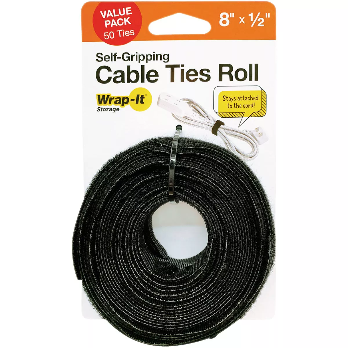 Wrap-It Storage 8 In. Black Self-Gripping Cable Tie Roll (50-Pack)