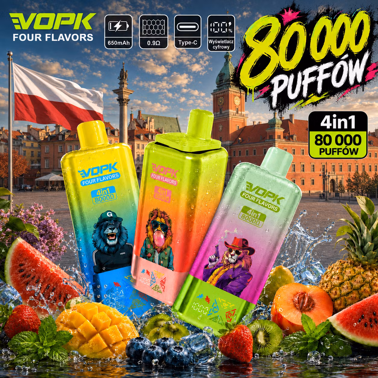 VOPK 80 000 puffów 4in1 – 650 mAh, 0,9 Ω, Type-C, wyświetlacz cyfrowy; 4 smaki w jednym urządzeniu