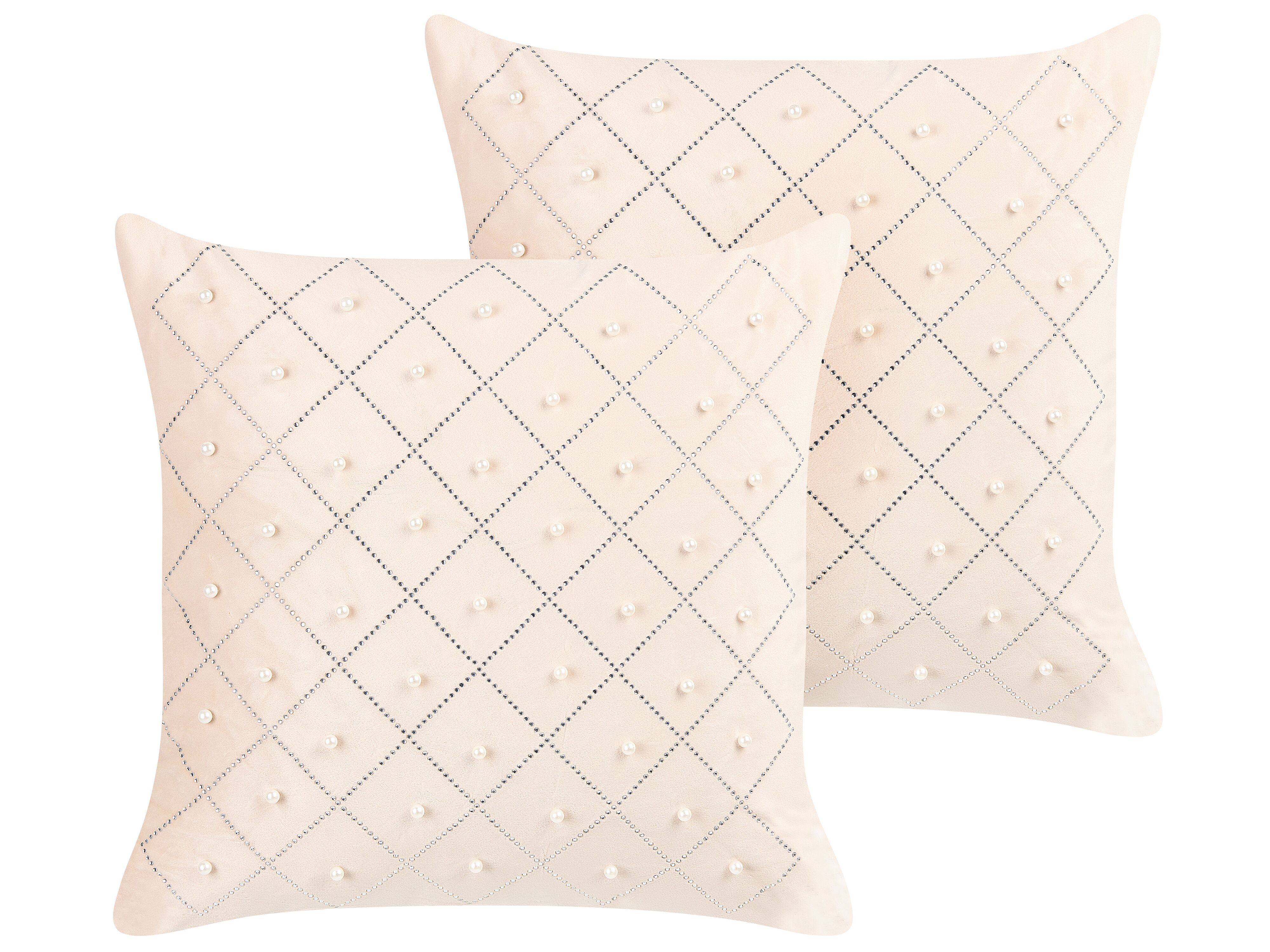 Set of 2 Decorative Cushions YARROW Velvet 45 x 45 cm Beige Geometric Pattern