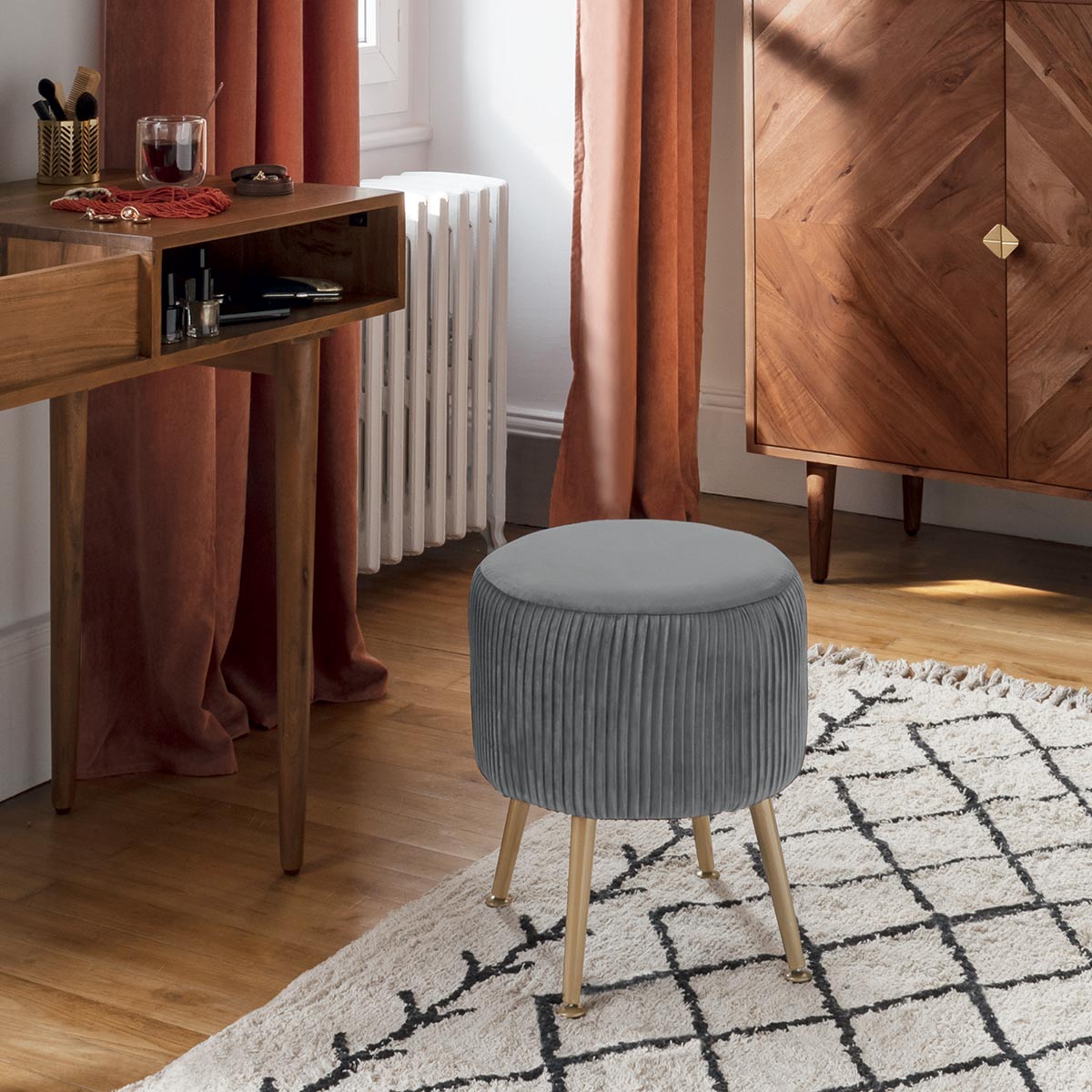 Stool "Solaro" Pleated velvet, Grey