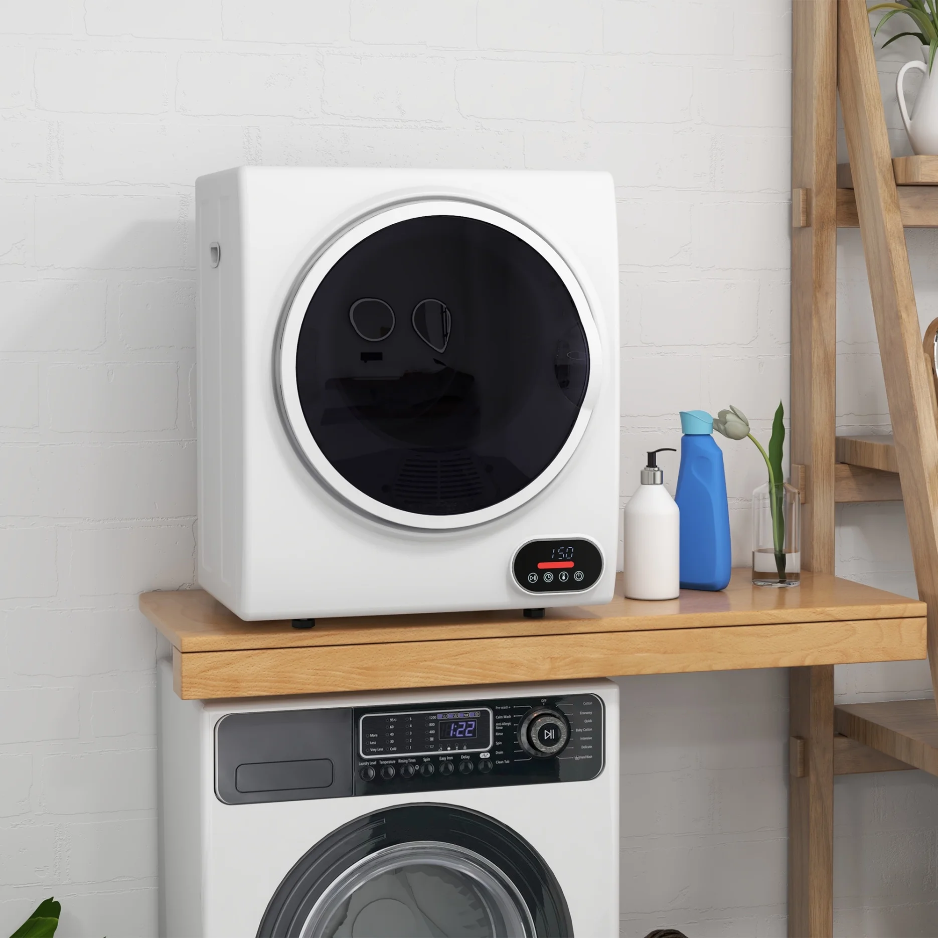 Portable Clothes Dryer 1.5 Cu.Ft Compact Electric Dryer for Apartments Dorms and Rvs 3 In 1 Freestanding Wall Mount Stackable Design 850W Front Load With Stainless Steel Drum White