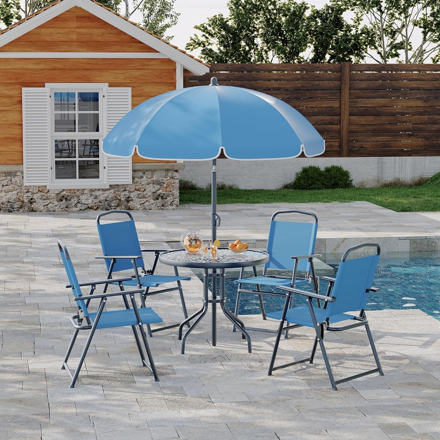 6 Pieces Outdoor Dining Set With Umbrella, Patio Table and 4 Folding Chairs With Umbrella, Garden Patio Furniture Set With Umbrellas, Tempered Glass Top Dining Table - Image 11