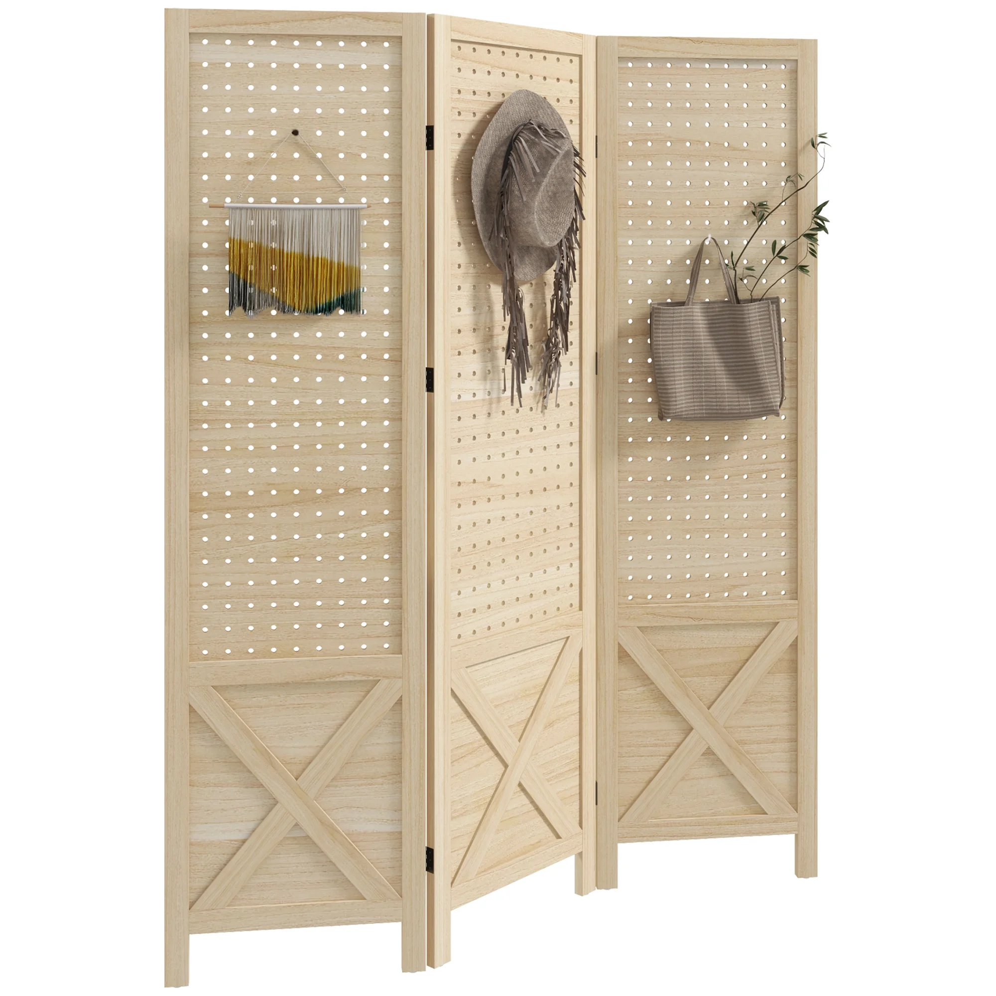 HOMCOM 4.7' 3 Panel Room Divider with Pegboard Display for Indoor, Natural