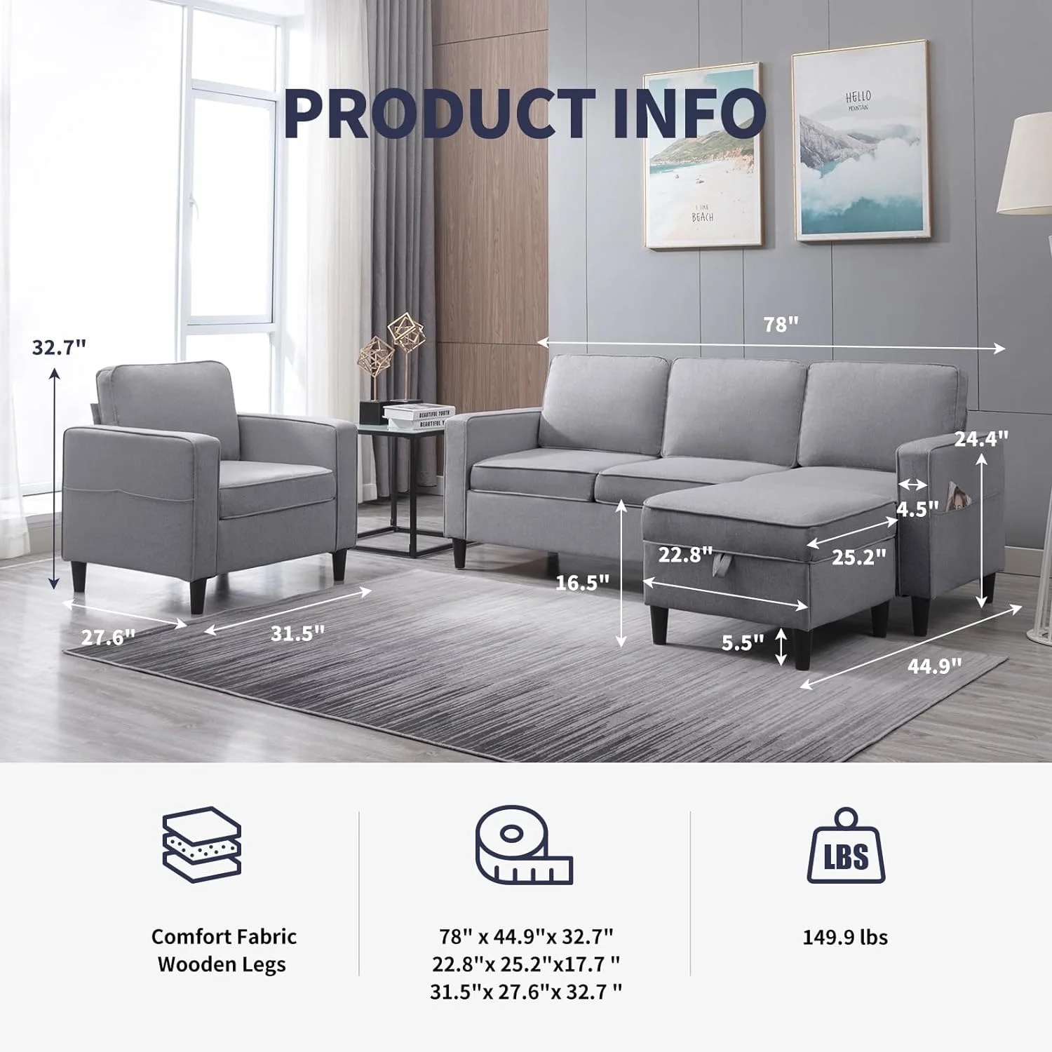 ijuicy Sectional Sofa Set,3PCS Living Room Furniture Couch Sets with Movable Storage Ottoman & Side Pockets,Include Sofa,Loveseat&Chair,Dark Gray - Image 16