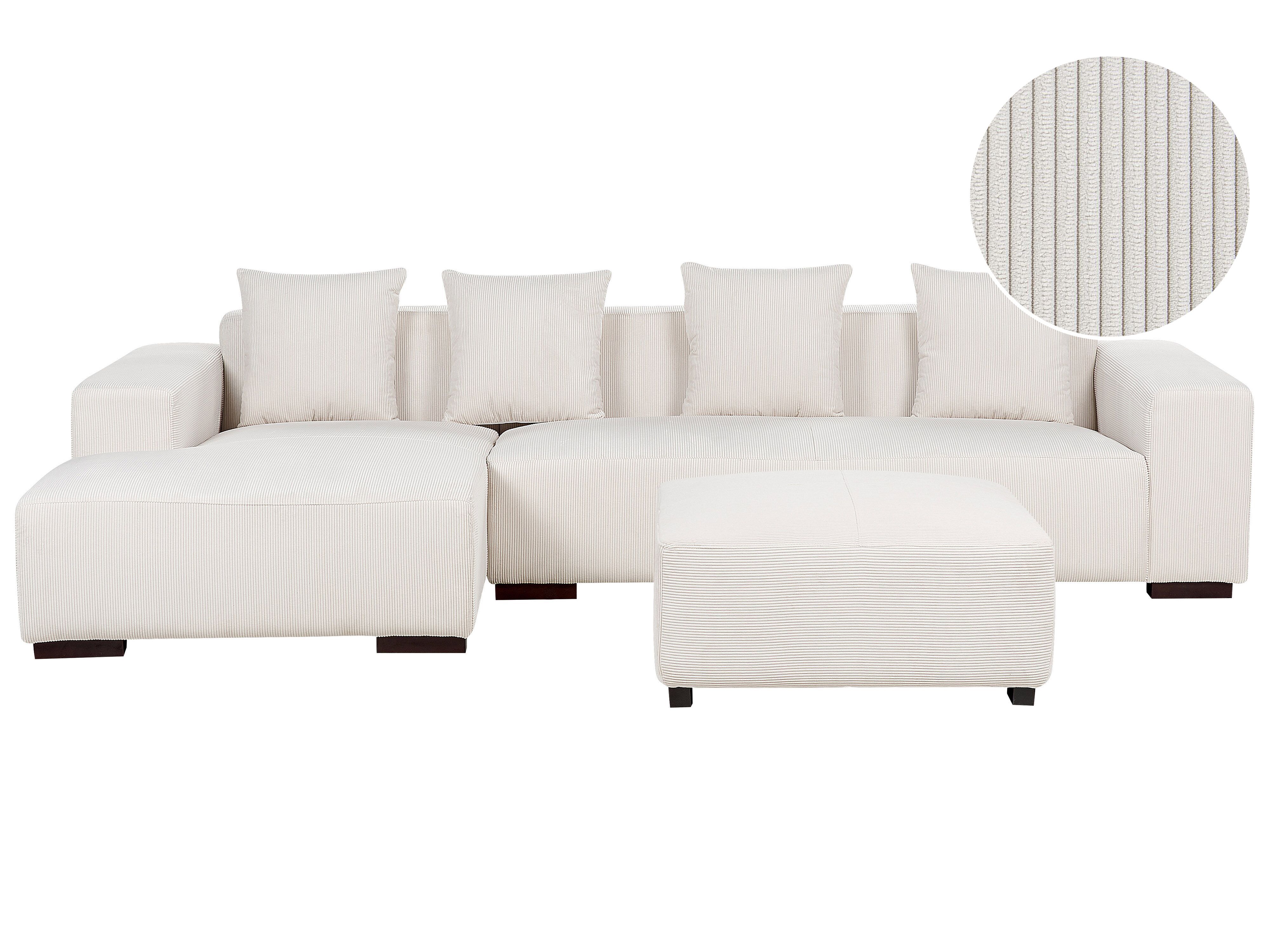 Corner Sofa 4 Seater LUNGO Corduroy Off-White with Ottoman Right Hand