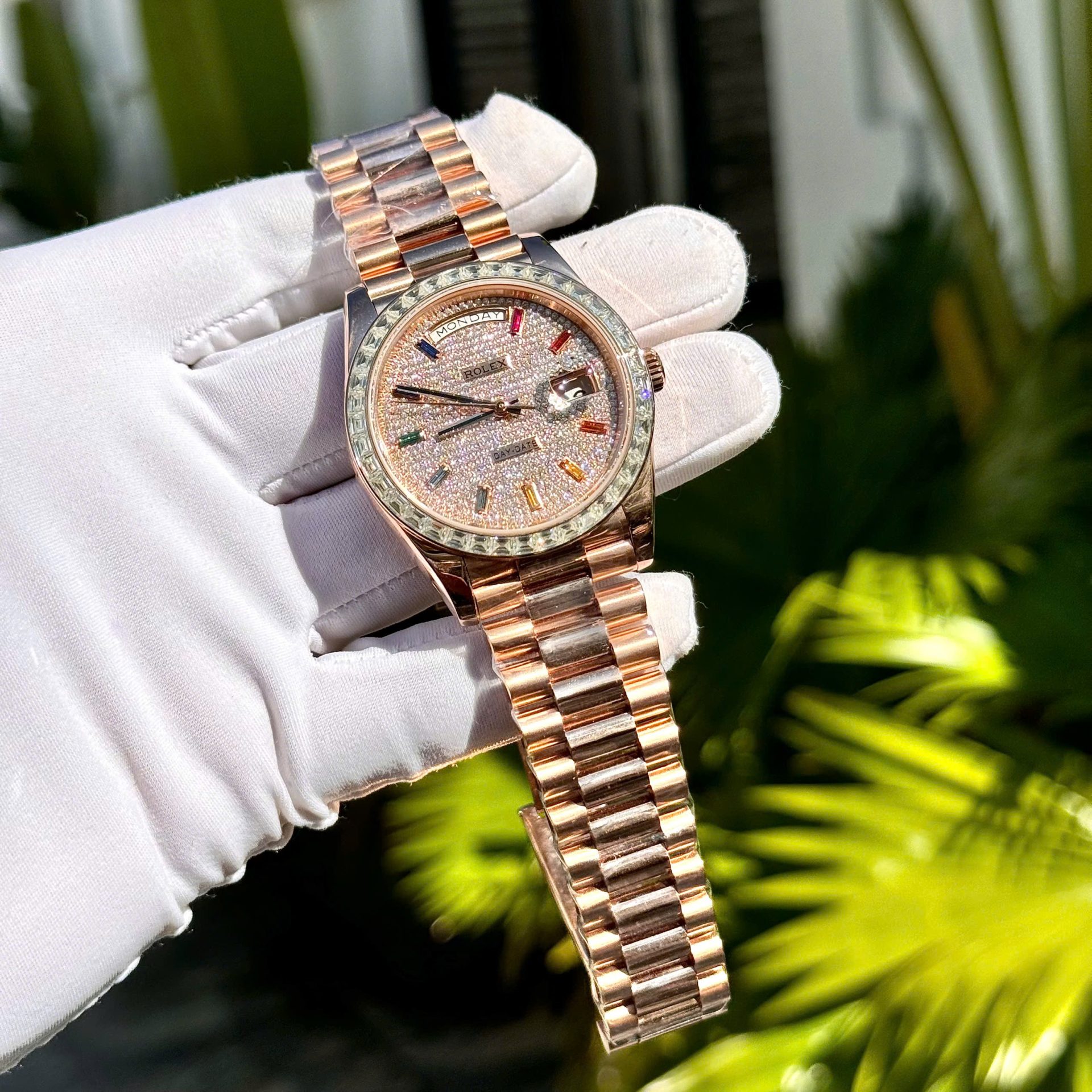 Rolex Day-Date Replica Watch Gold Wrapped End Moissanite Diamonds Baguette Custom 40mm - Top club
