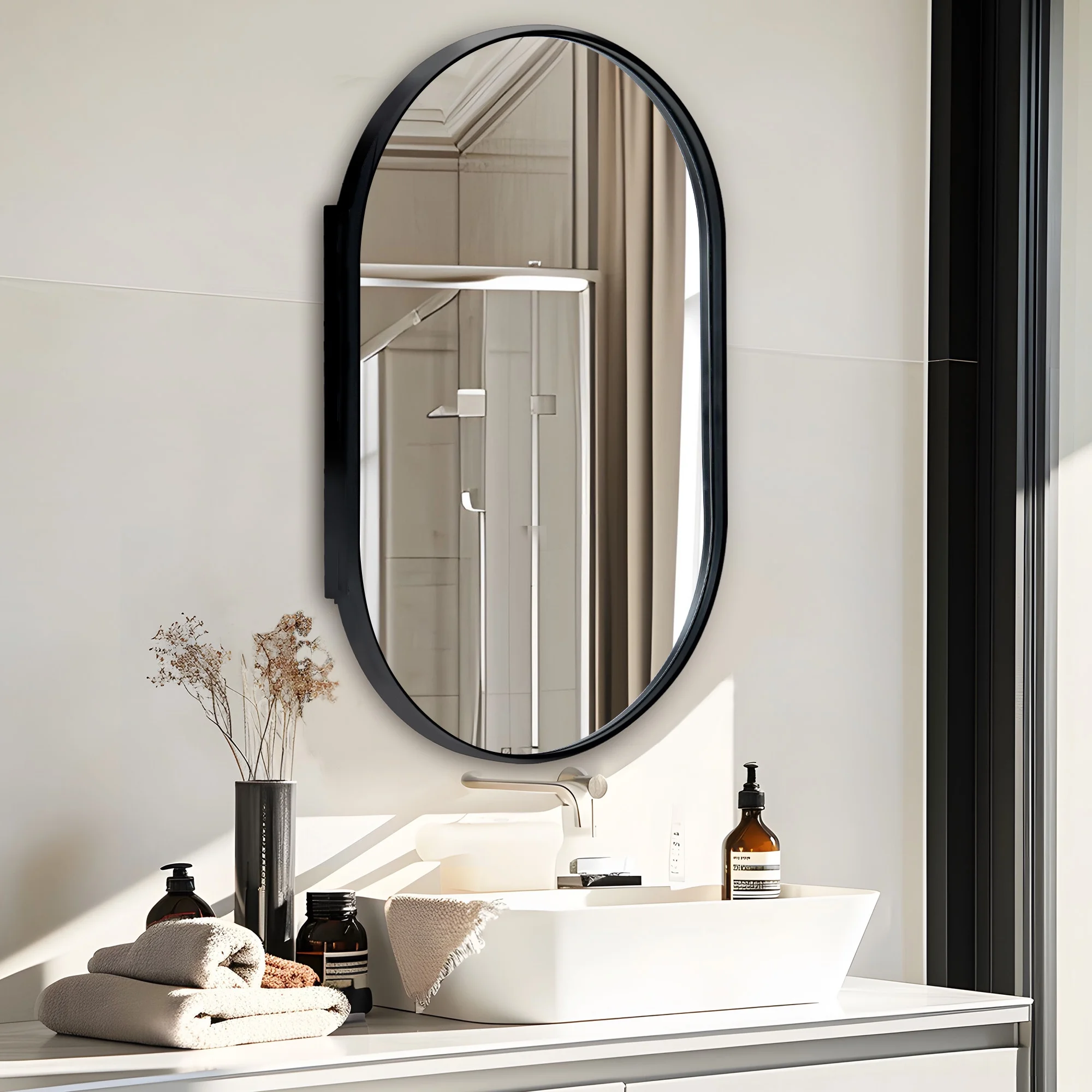 Soges Oval Bathroom Mirror Cabinet Medicine Cabinet Iron Frame with 2 Adjustable Shelves, Recess or Surface Mounted Installation, 34