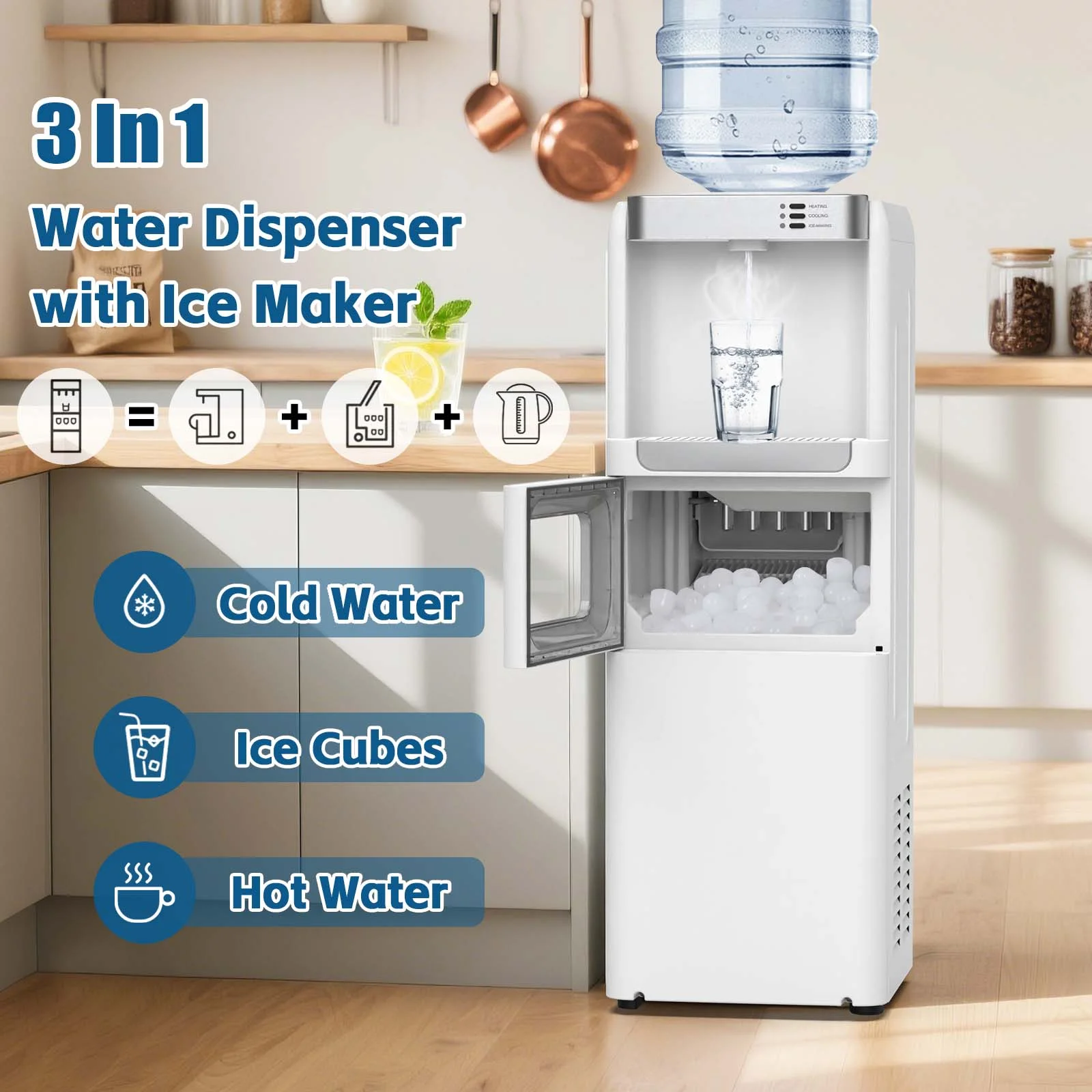 Advwin 3-in-1 Water Dispenser with Ice Maker, 33lbs/24H, Top Loading 3 or 5 Gallon, Water Cooler Dispenser for Home Office, Hot & Cold Water Dispenser, Child Lock