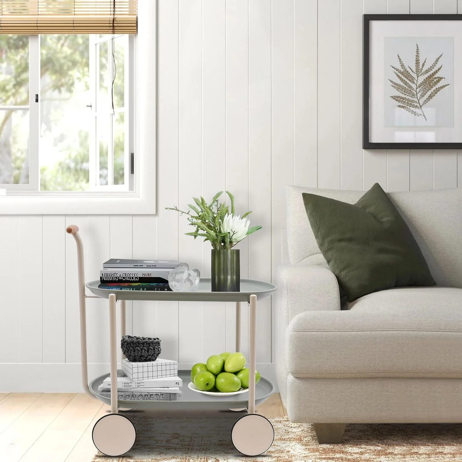 Rolling Cart with Handle 2 Tier Small Bar Cart Serving Cart with Wheels &Trays Mobile Sofa Side Table Multifunctional Roll Shelf for Office Living Room Kitchen (Green)