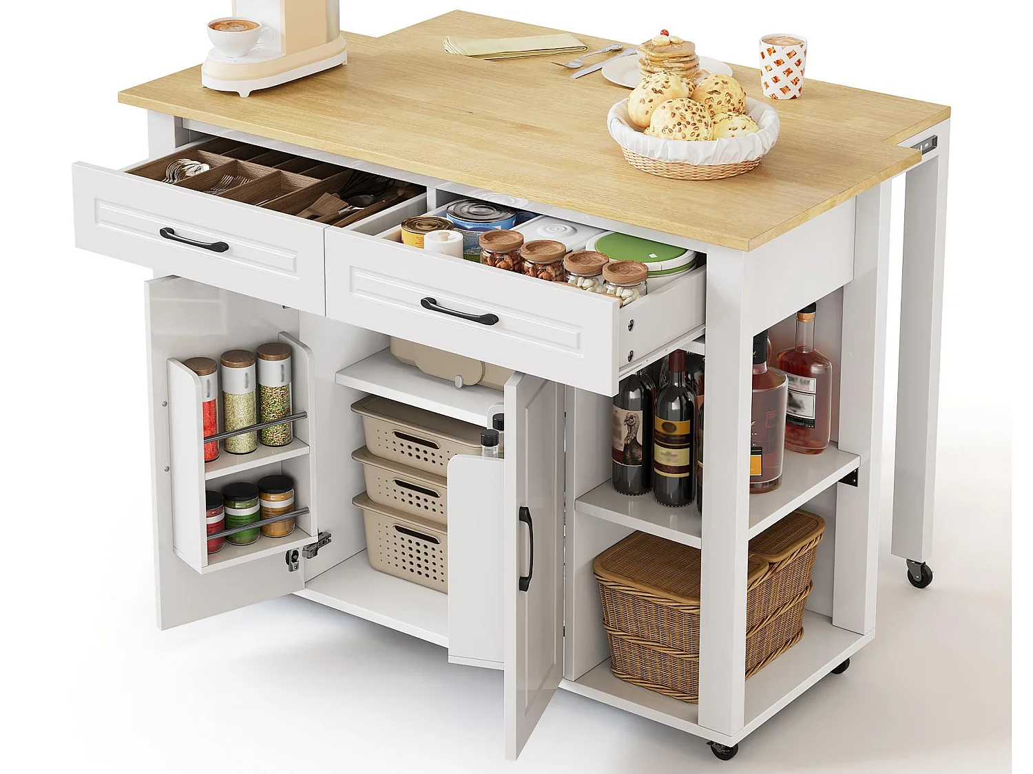 Ilot central de cuisine mobile - plateau extensible - avec USB et porte-serviettes - avec 2 tiroirs et 2 portes - MDF - Blanc