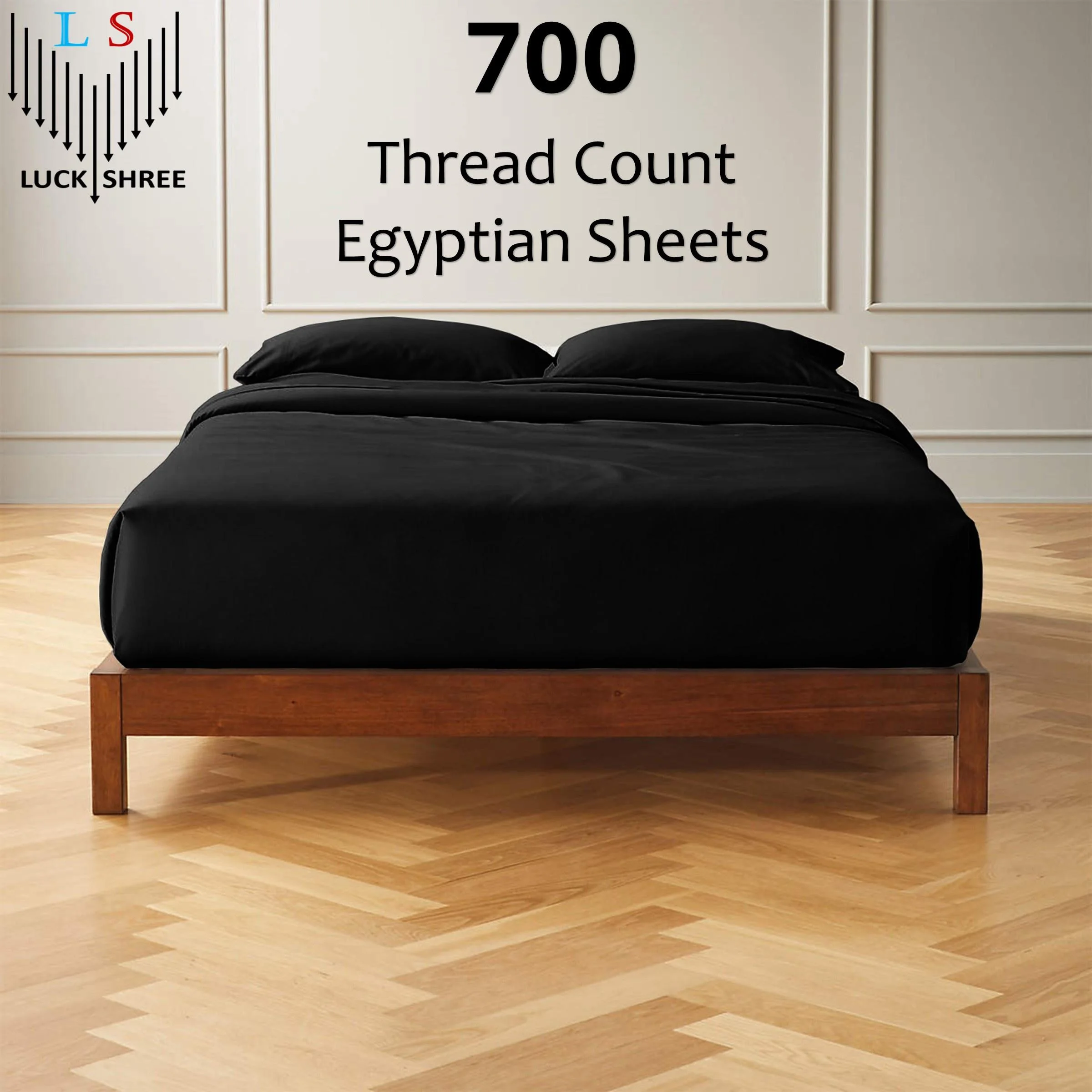 21-INCH EXTRA DEEP POCKETS -Twin XL Egyptian 700-TC Cotton 6-PC Sheet Set with 1 Fitted Sheet, 1 Oversized Flat Sheet 4 Pillowcases - Black