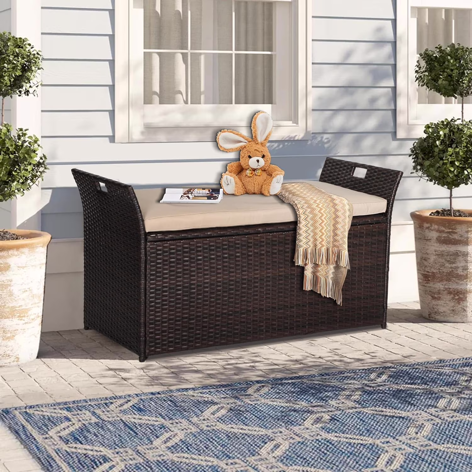 SOLAURA 90 Gallon Patio Wicker Storage Bench w/Cushion, Outdoor Rattan Deck Storage Box w/Handles & Hydraulics, Gray - Image 3