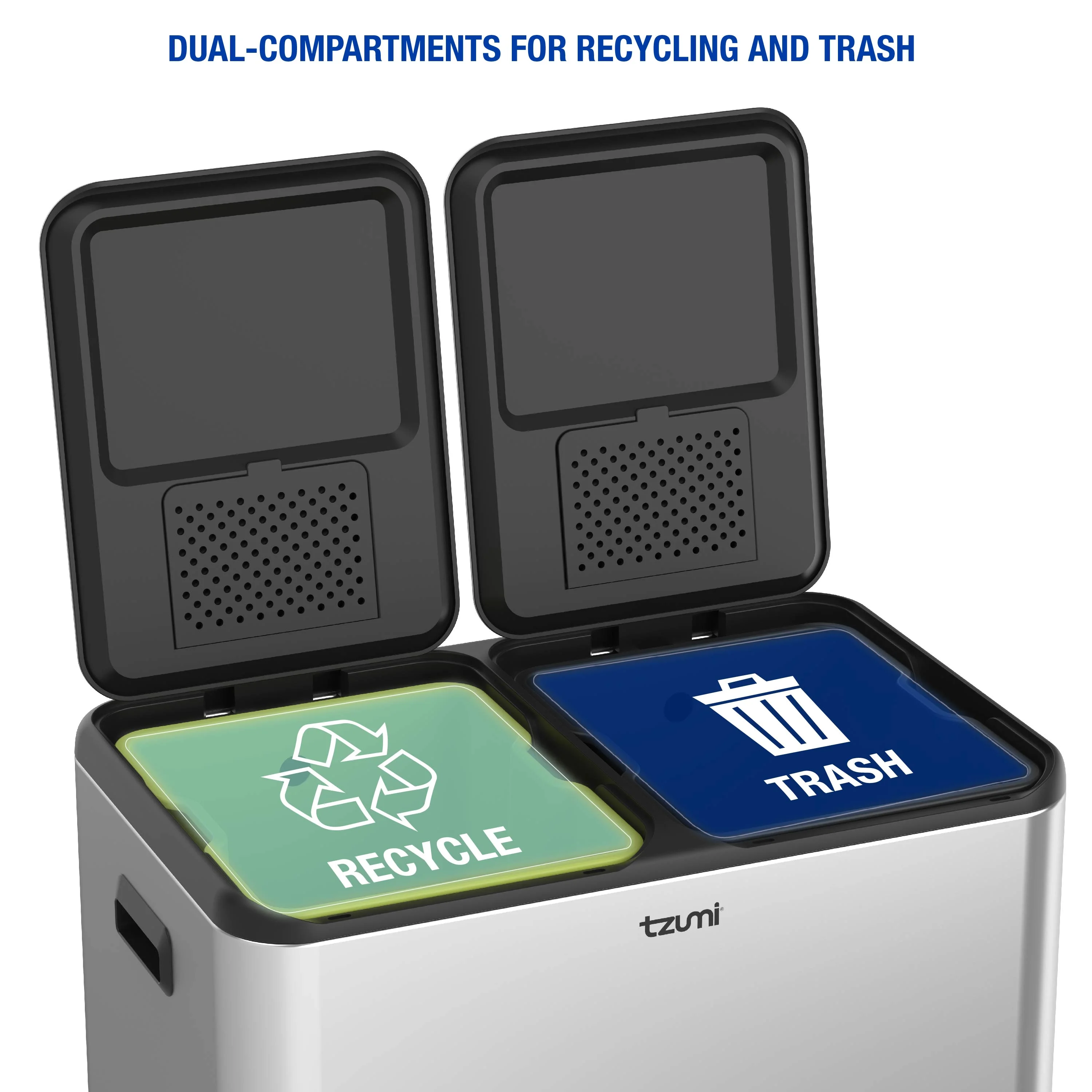 Tzumi Dual-Compartment Recycling Bin Stainless Steel Trash Can for Kitchen, 16 Gallon Total - Image 8