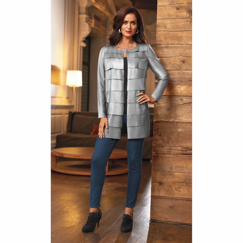 Elaina Faux Leather Jacket with Tiers and Lasercut Designs - MIDNIGHT VELVET CATALOG