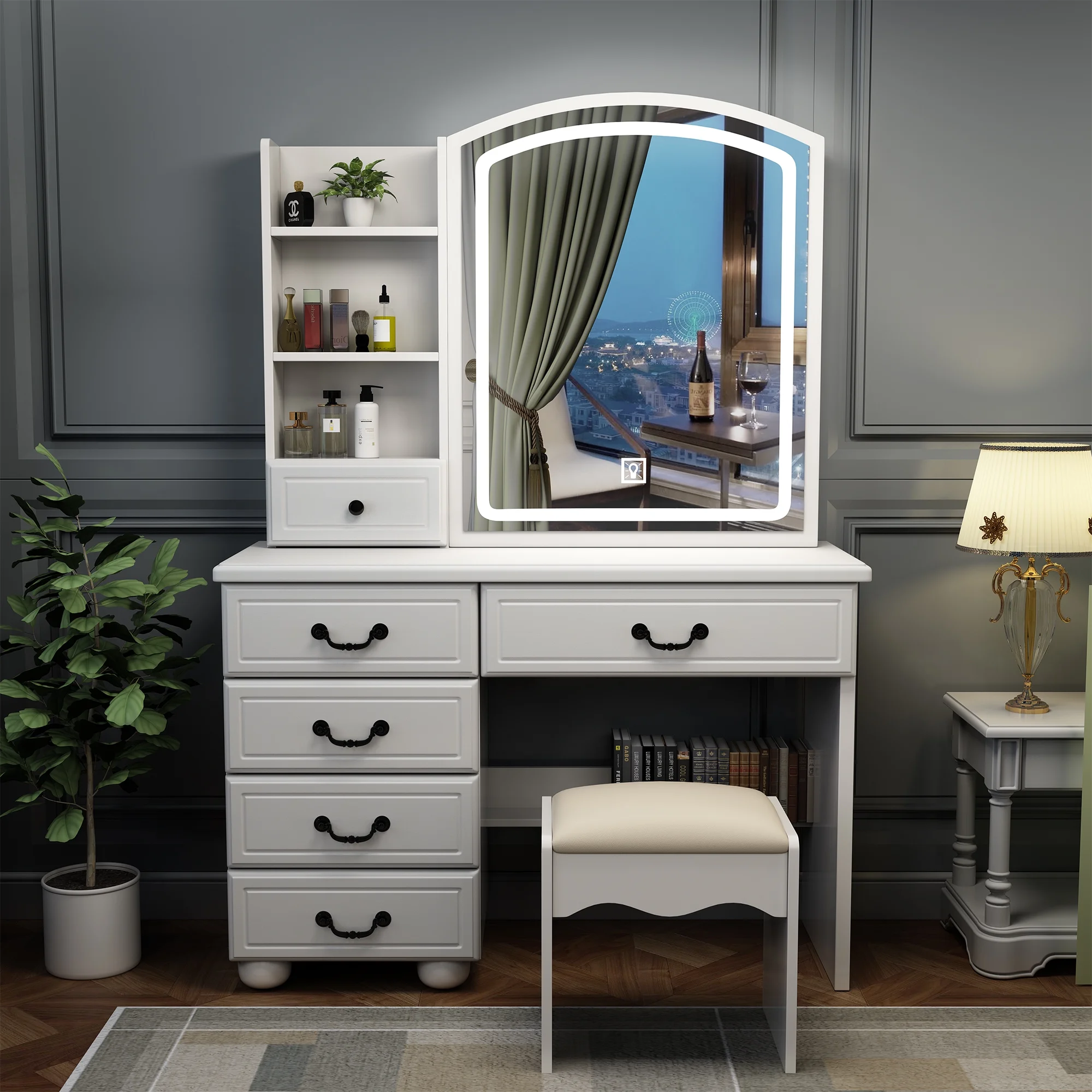 Montary Modern Mini Vanity w/Adjustable LED Mirror + Hidden Storage, Padded Stool & Dustproof Shelves (White) - Image 147