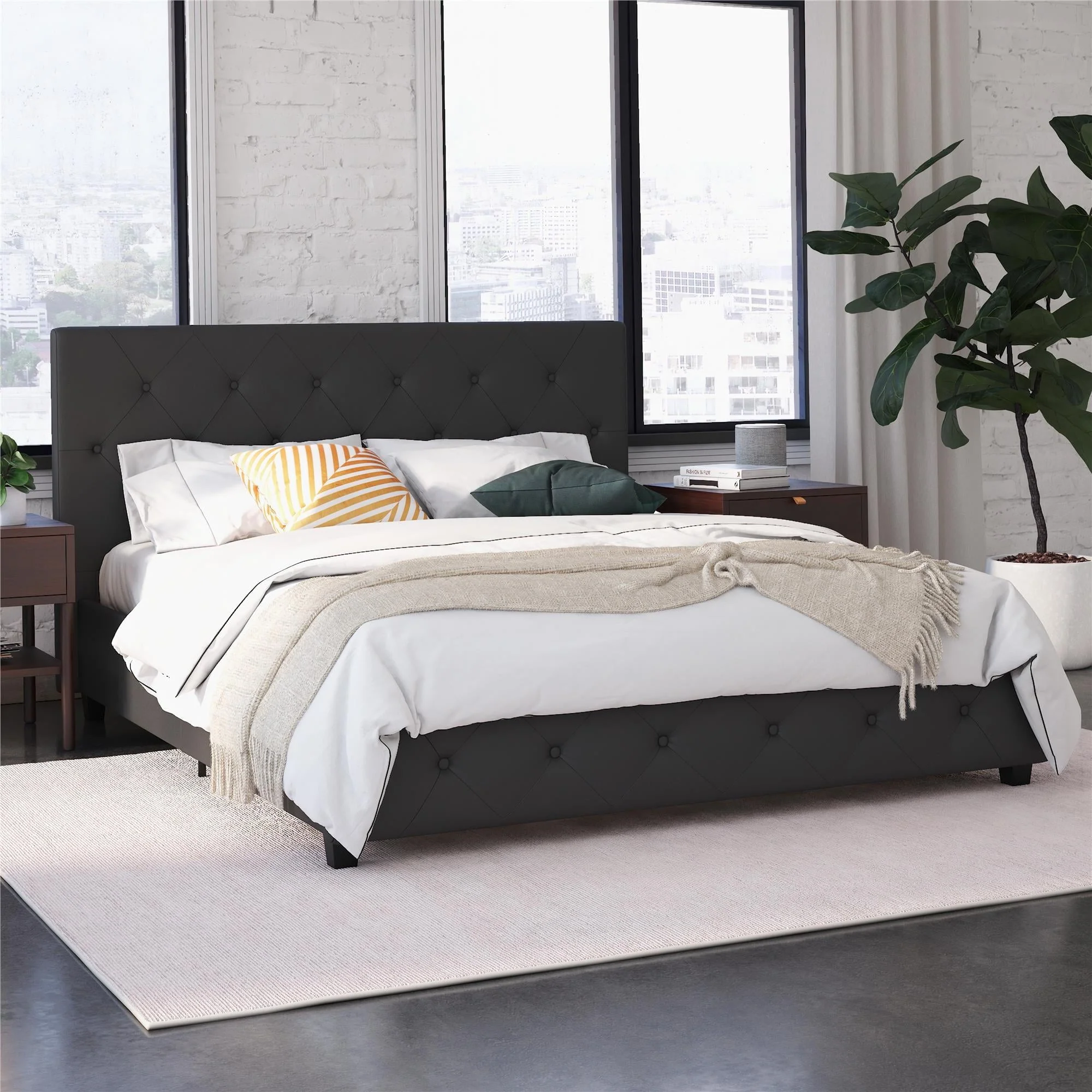 DHP Dakota Tufted Upholstered Platform Bed Frame, Queen, Gray Faux Leather