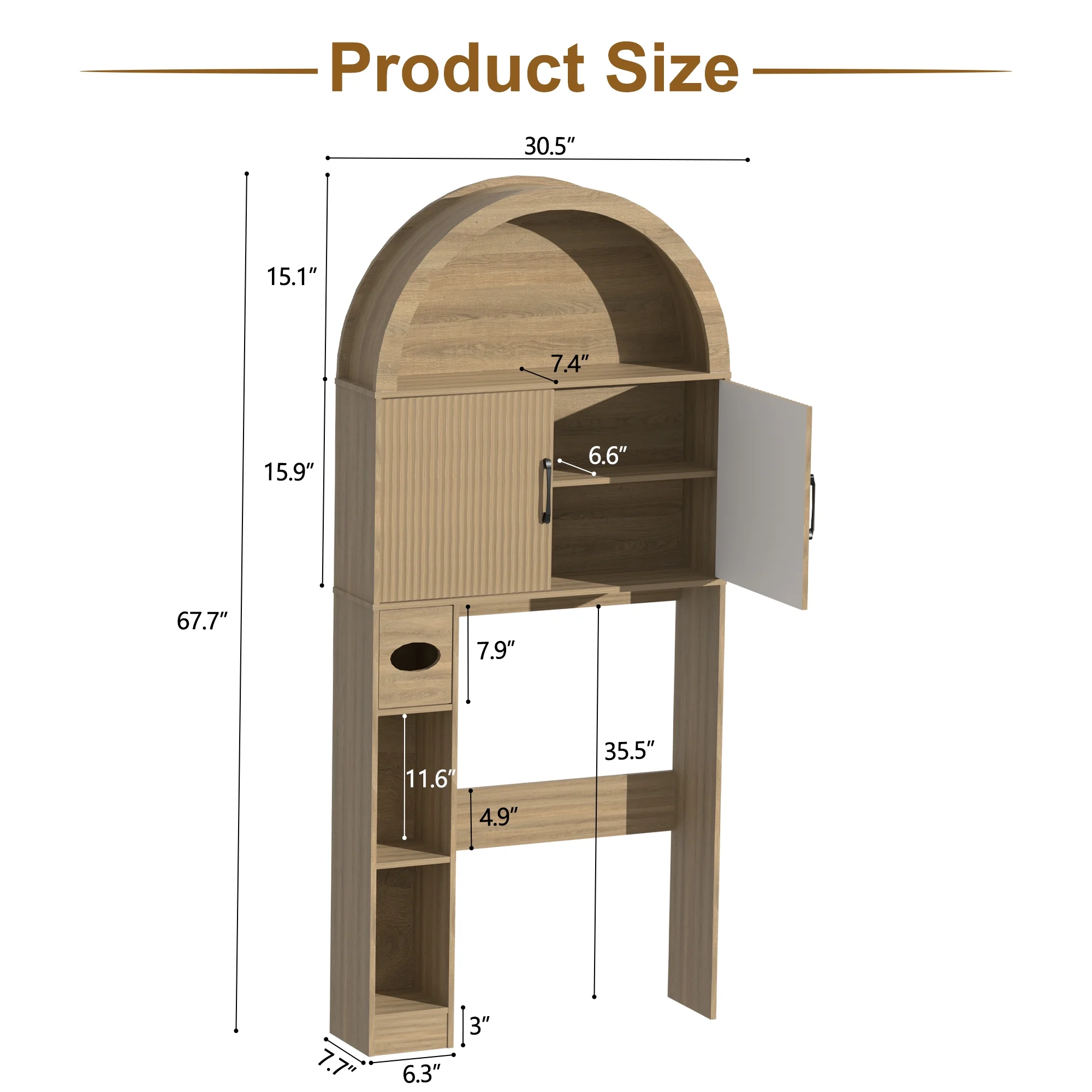 HARIPUL Over The Toilet Storage Cabinet w/ Unique Wood Grain & Arc Design, Freestanding Bathroom Shelf Organizer Space Saver w/ Doors & Anti-Tip Device, Wood Color - Image 6