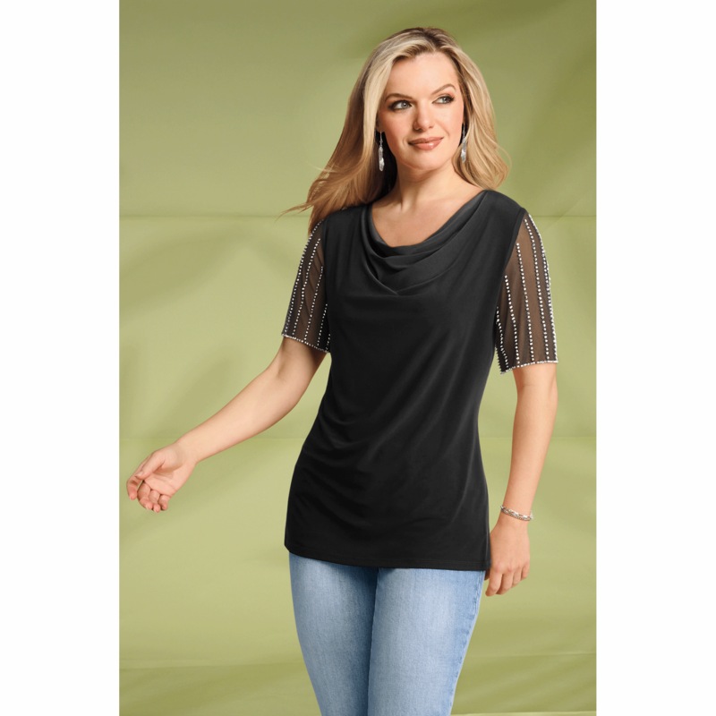 Raquel Beaded-Sleeve Top - MIDNIGHT VELVET CATALOG