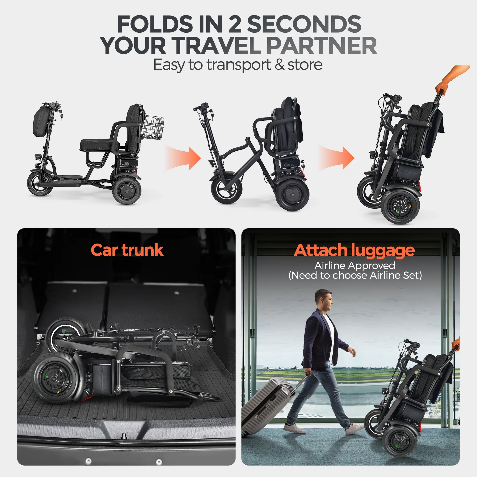 BAMACAR 3-Wheel Folding Mobility Scooter Lightweight for Seniors & Adults 300 lbs, Portable Powered Handicap All Terrain Travel Scooter, Mobility Scooters Foldable Collapsible Electric Scooters Black - Image 4