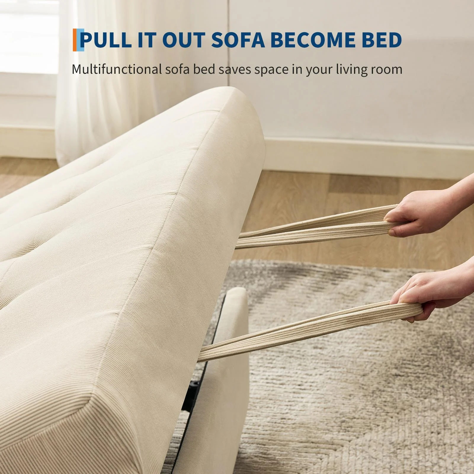Beige 3-in-1 Convertible Sleeper Sofa Bed with Pull-Out Bed Corduroy Futon with Adjustable Backrest - Image 4