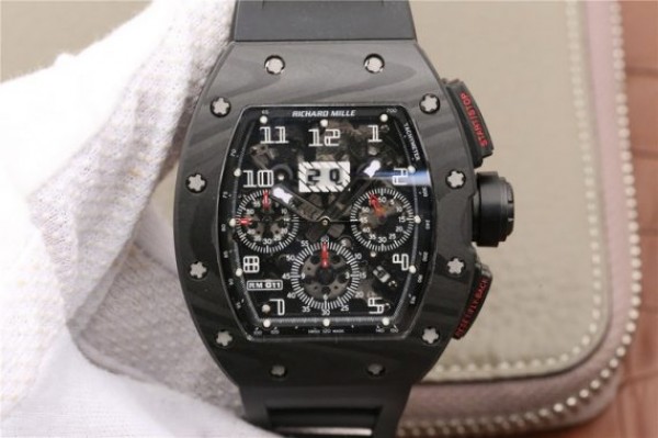 Replica Richard Mille RM011 NTPT Carbon Case Chronograph KVF Crystal Skeleton Dial White Black Rubber Strap A7750 - Top club