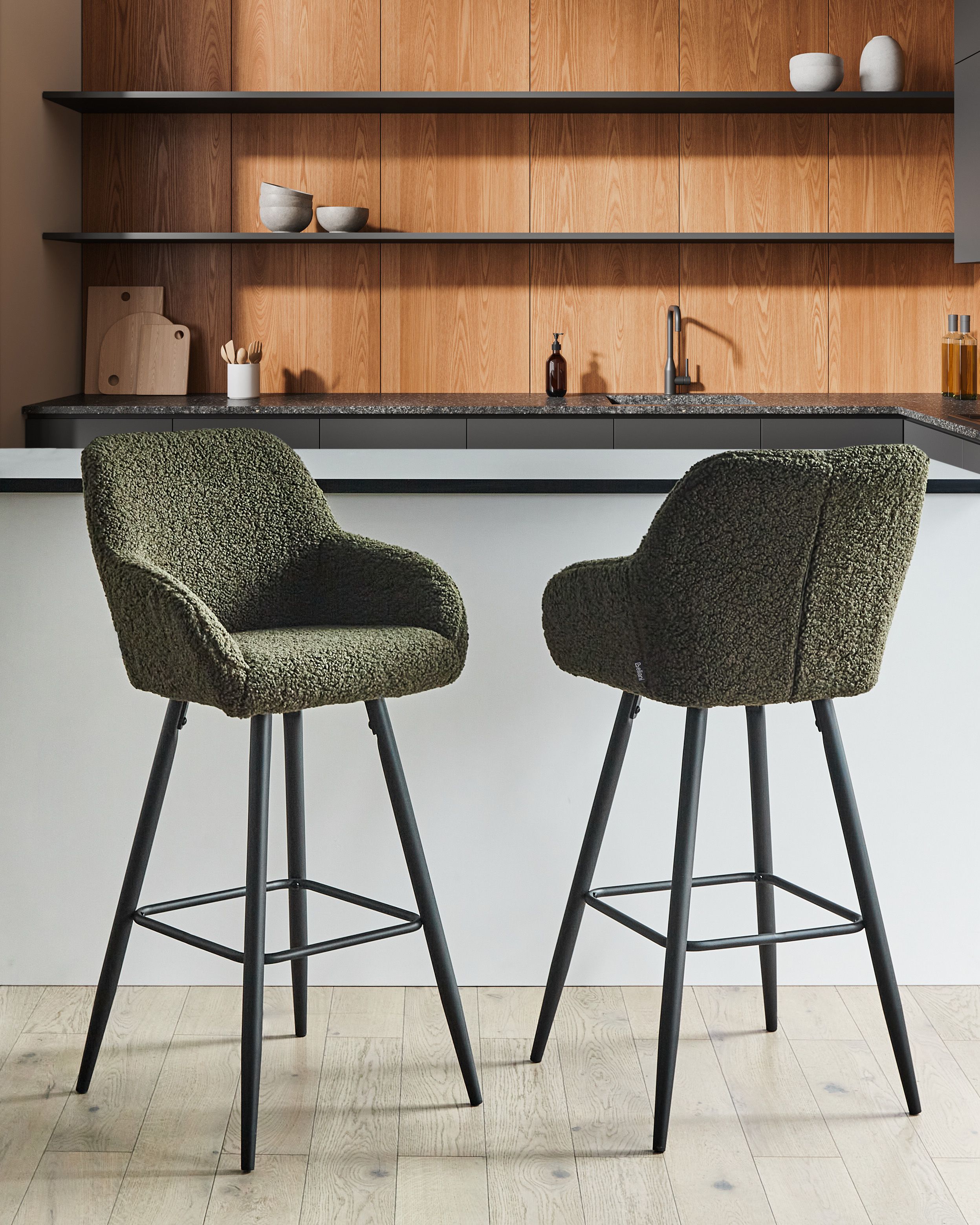 Set of 2 Bar Chairs CASMALIA Boucle Dark Green