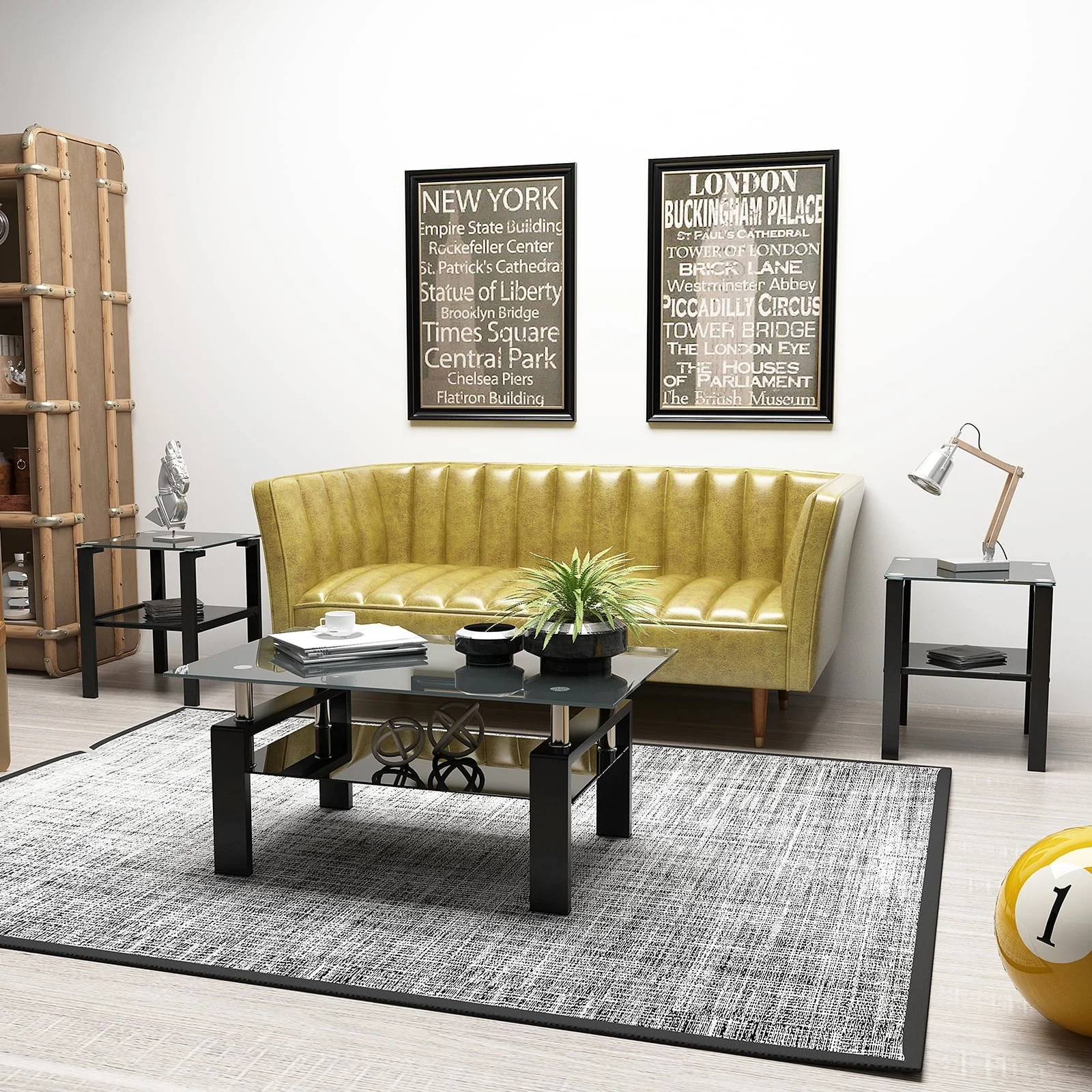Black Glass Coffee Table Set of 3 Piece, Living Room Table Set of 3, Black Coffee Table and End Coffee Table Sets, Metal Frame (All Black A, Set of 3) - Image 4