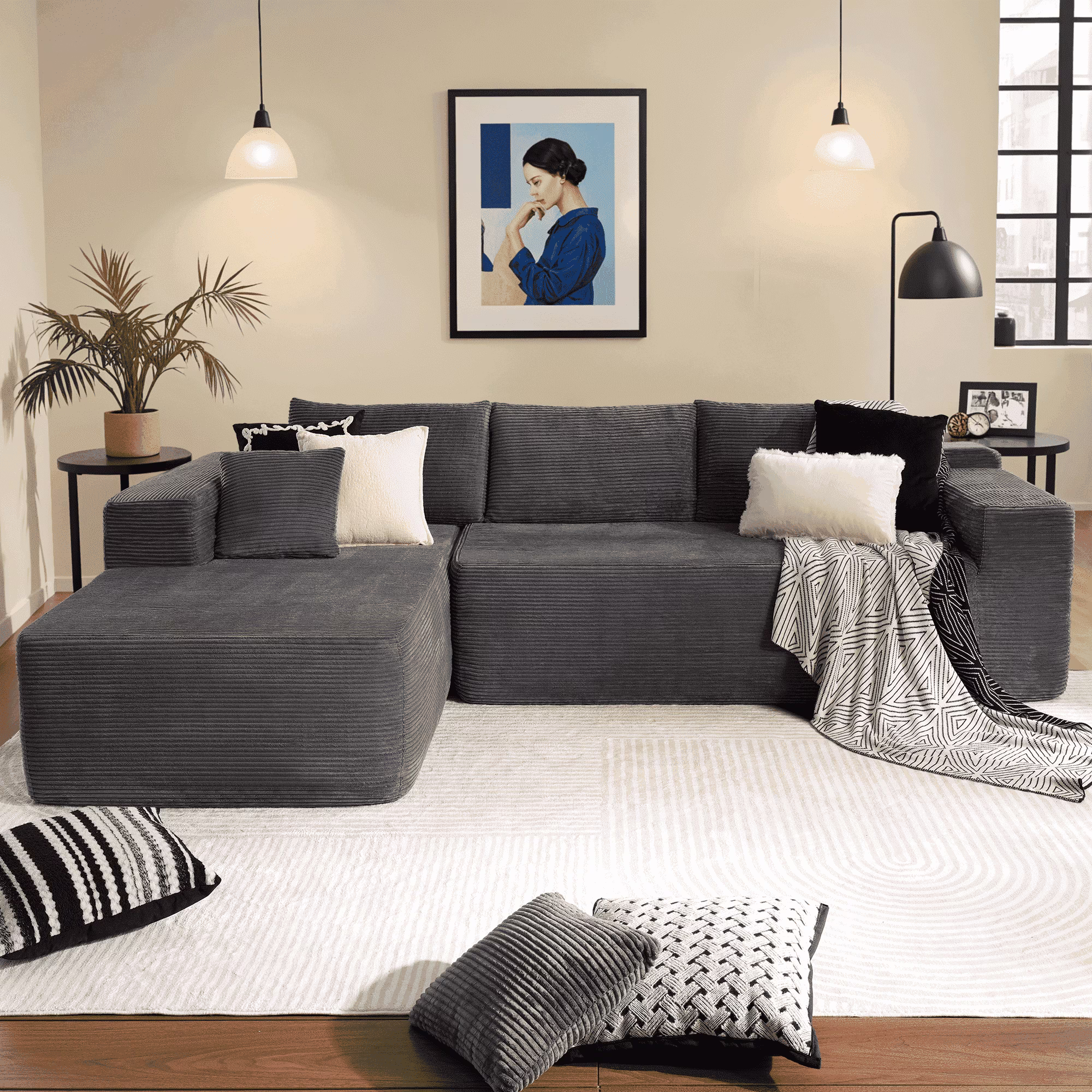 Ovios 106" L-Shaped Sectional Sofa Modern Modular Cloud Couch with Deep Seating Upholstered Sofa for Living Room Bedroom, No Assembly Required, Black(Corduroy) - Image 5