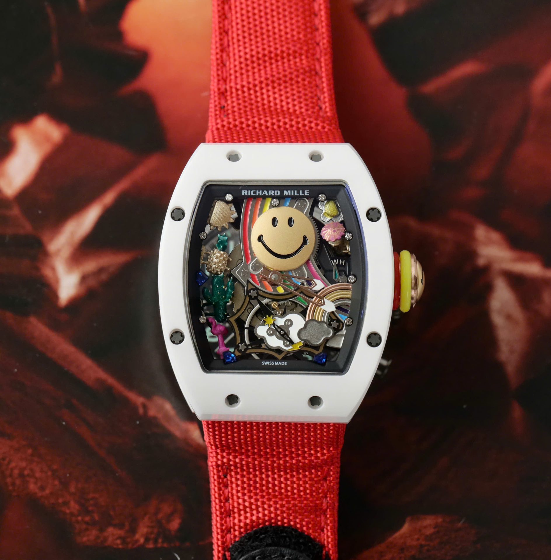 Richard Mille Clone Watches RM88 Smiley White Ceramic Fabic Nato Strap 42mm - Elite Watch Atelier