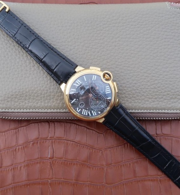 Replica Cartier Ballon Bleu De Cartier Chrono 44mm YG Black Dial Leather Strap A8101 - Top club