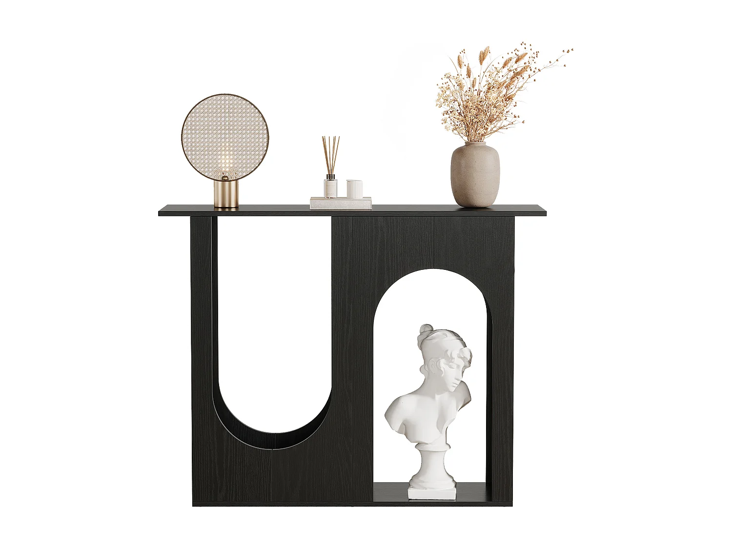 Table console noire de 100 cm, étroite, à placer derrière le canapé, avec un design arqué, style moderne pour entrée.