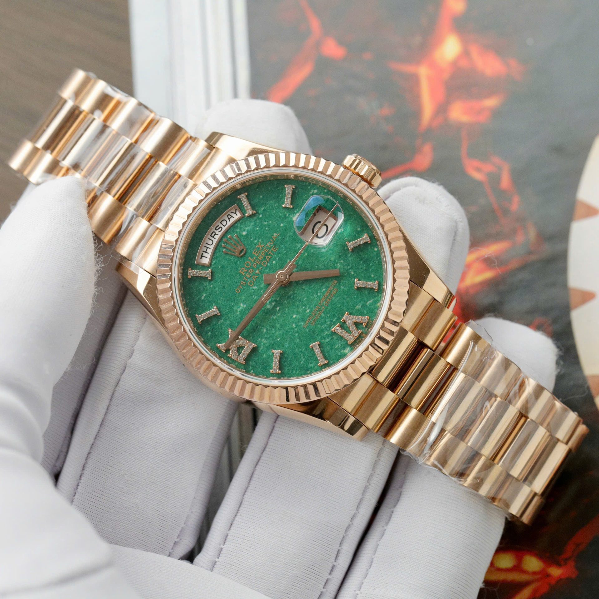 Rolex Day-Date 128235 Dial Aventurine Replica Watch Custom Gold Wrapped 36mm - Elite Watch Atelier