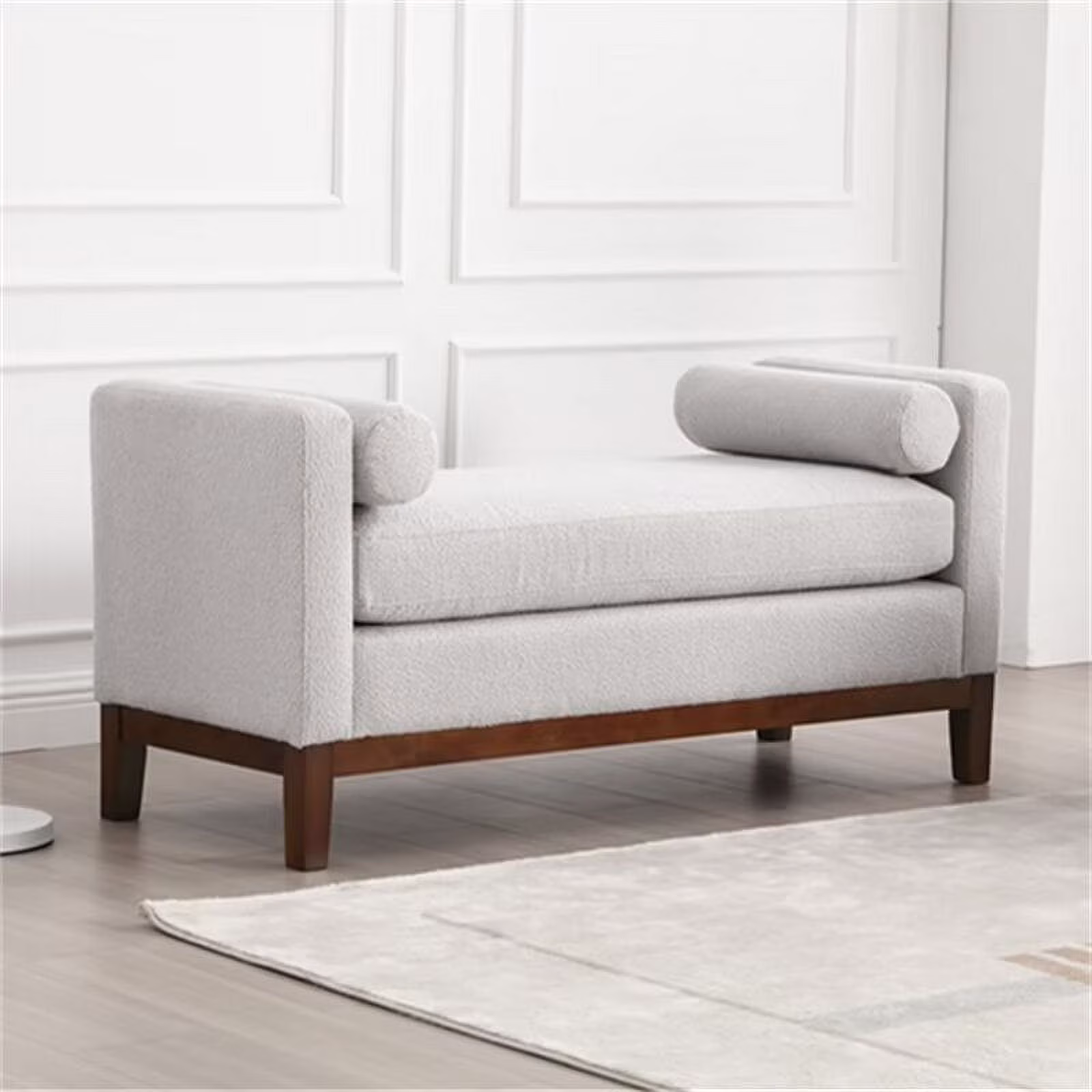 End of Bed Bench, 53.5" Boucle Fabric Upholstered Entryway Bench with Wood Legs & Bolster Pillows, Rolled Arm Cushioned Ottoman Foot Rest Long Stool Window Extra Seating for Bedroom, Ivory - Image 3