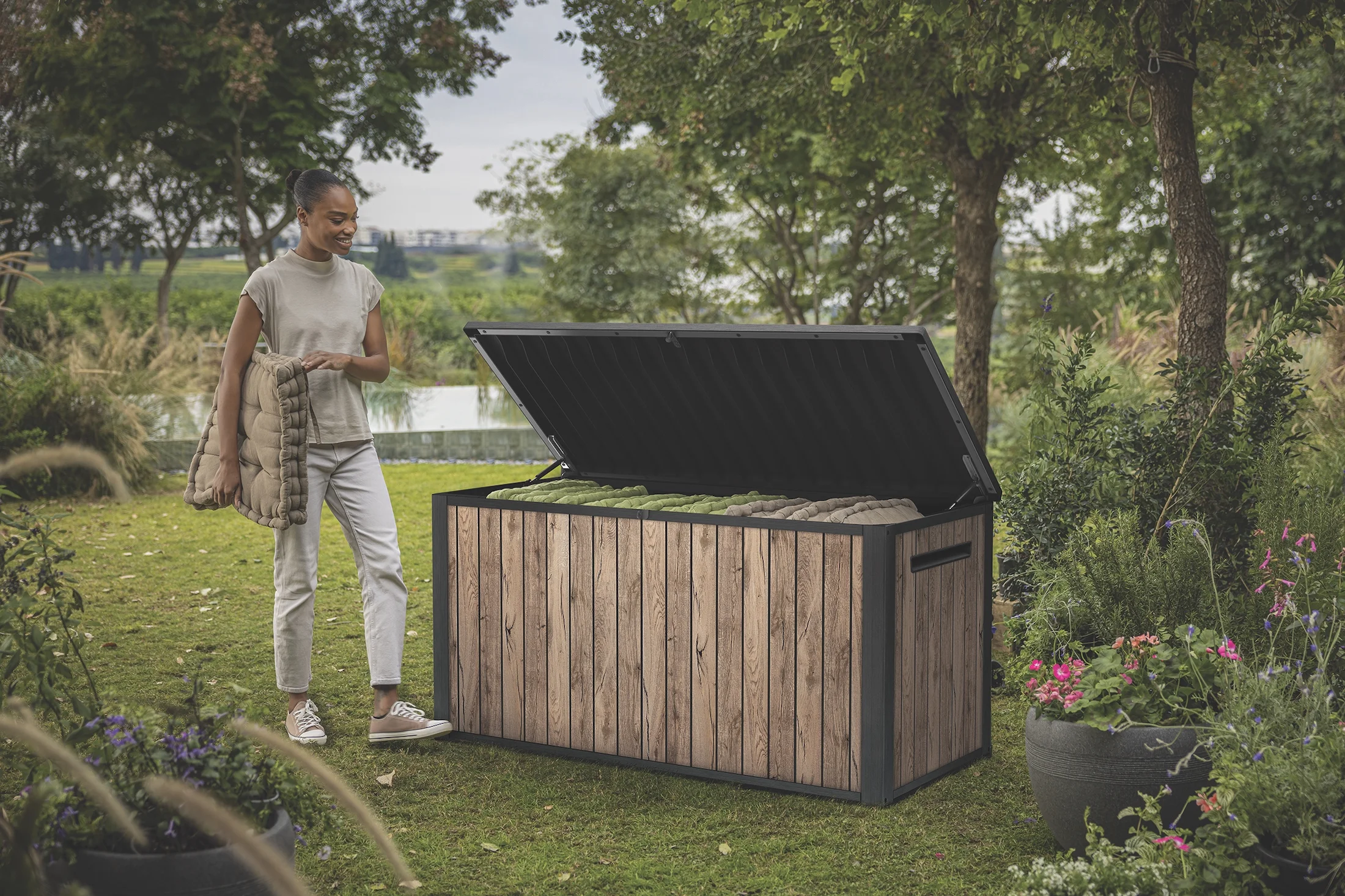 Keter Signature 170 Gallon Durable Resin Outdoor Deck Box Storage Organization, Pine - Image 6