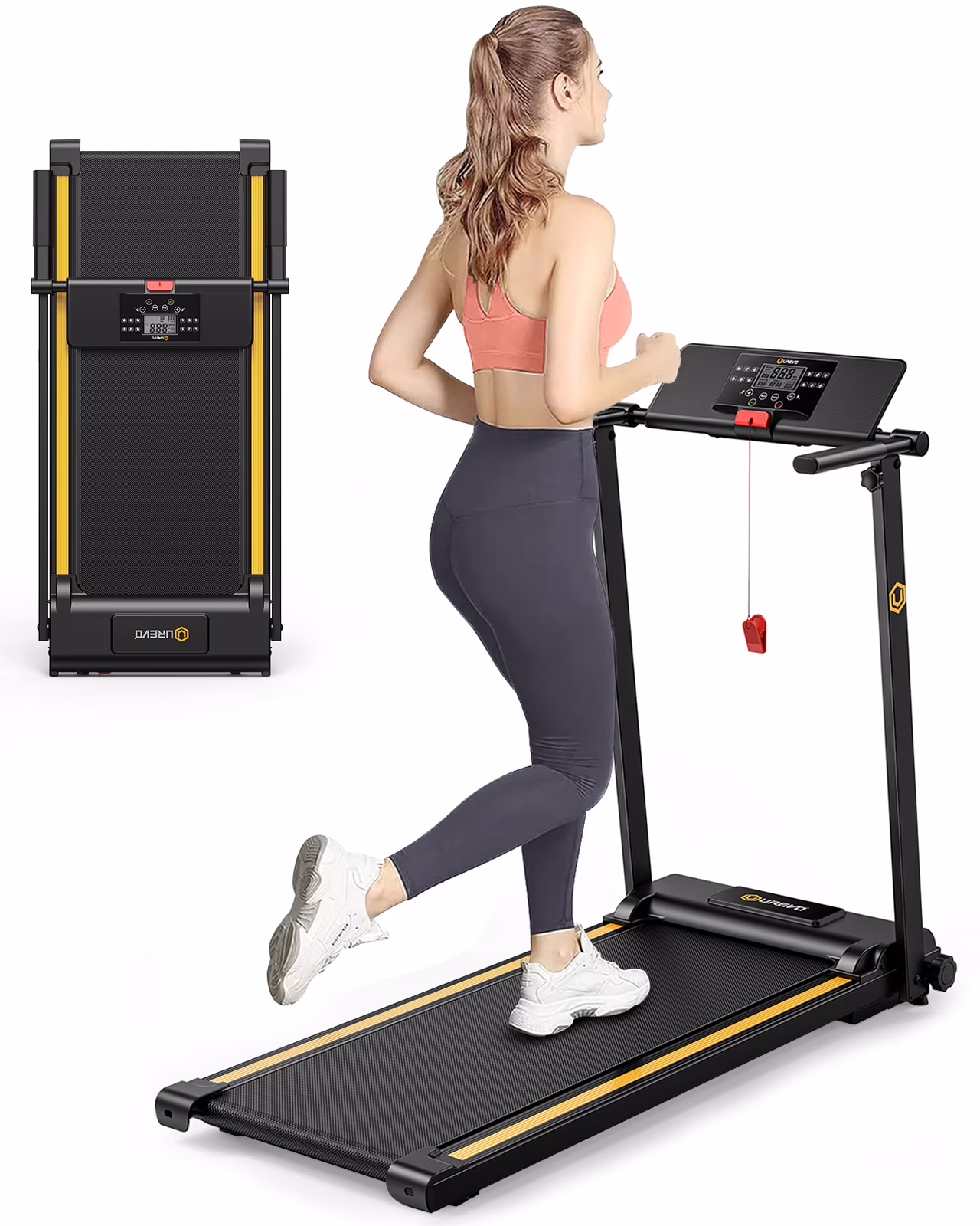 UREVO Folding Treadmill, 2.25HP Portable Mini Treadmills for Home Office, Compact Threadmill with 12 HIIT Modes, LCD Display, 265 lbs Capacity