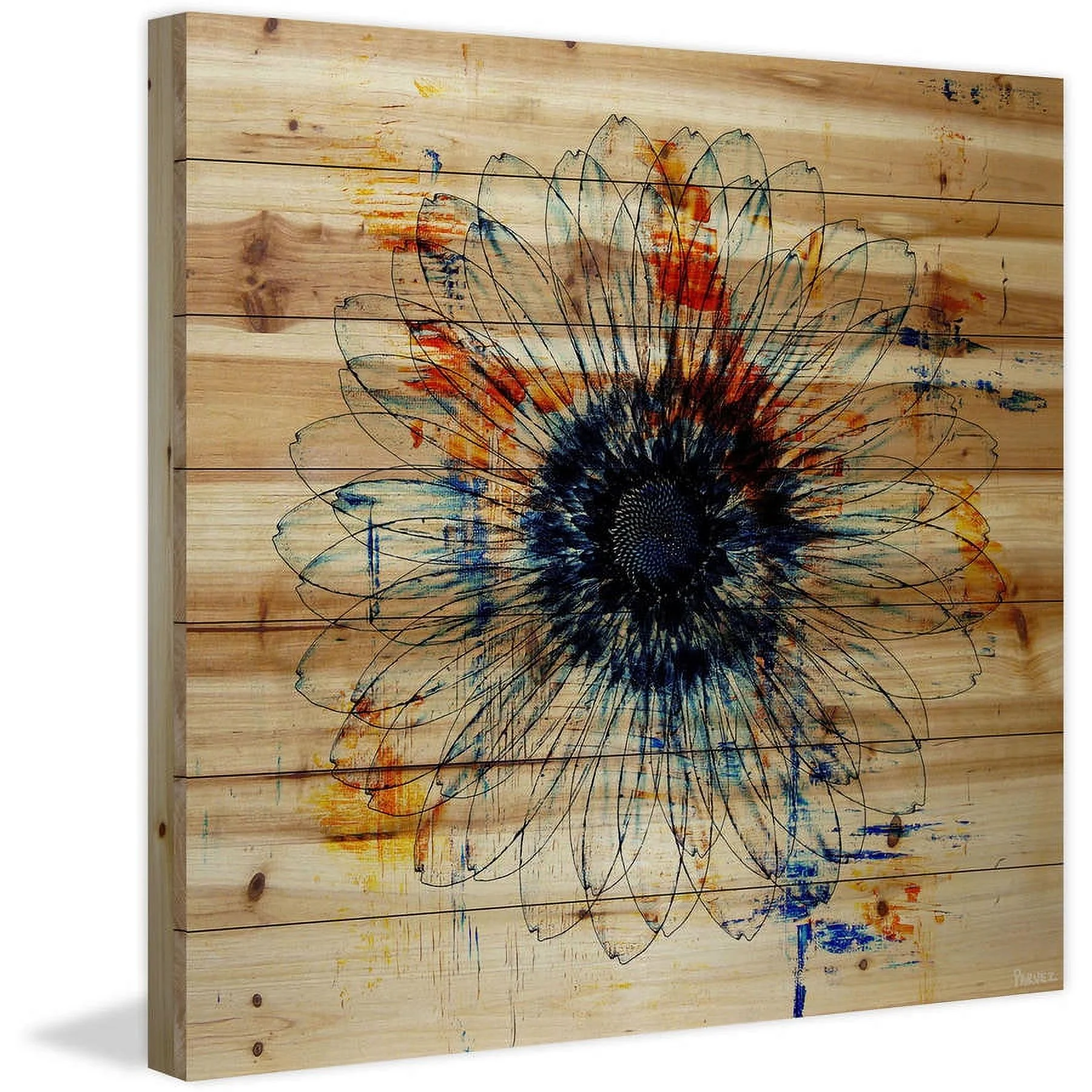 Parvez Taj  - 'Stencil Flower' Painting Print on Natural Pine Wood 24 x 24