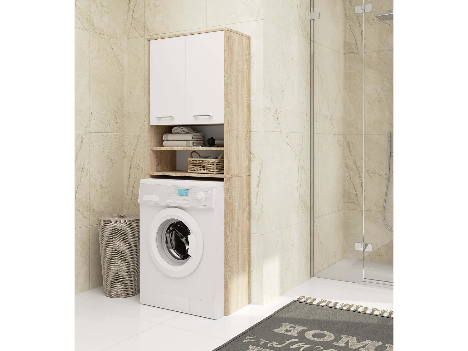 Meuble pour machine à laver FIN Chêne Sonoma 64 cm 2 portes façade Blanche niche 4 étagères 64x30x180 cm