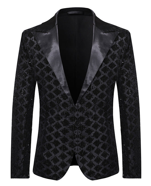 Glamorous Black Argyle Glitter Sequin Lapel Collar One Button Blazer