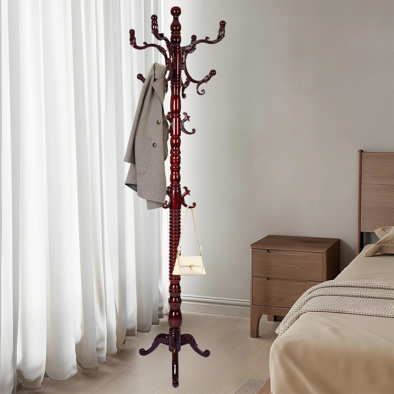 Coat Rack Freestanding, Hall Tree with 11 Hooks, Heavy Duty Wooden Coat Tree Stand, Adjustable Height, Sturdy Base for Bedroom Hallway Office - Load 270lbs - Image 42
