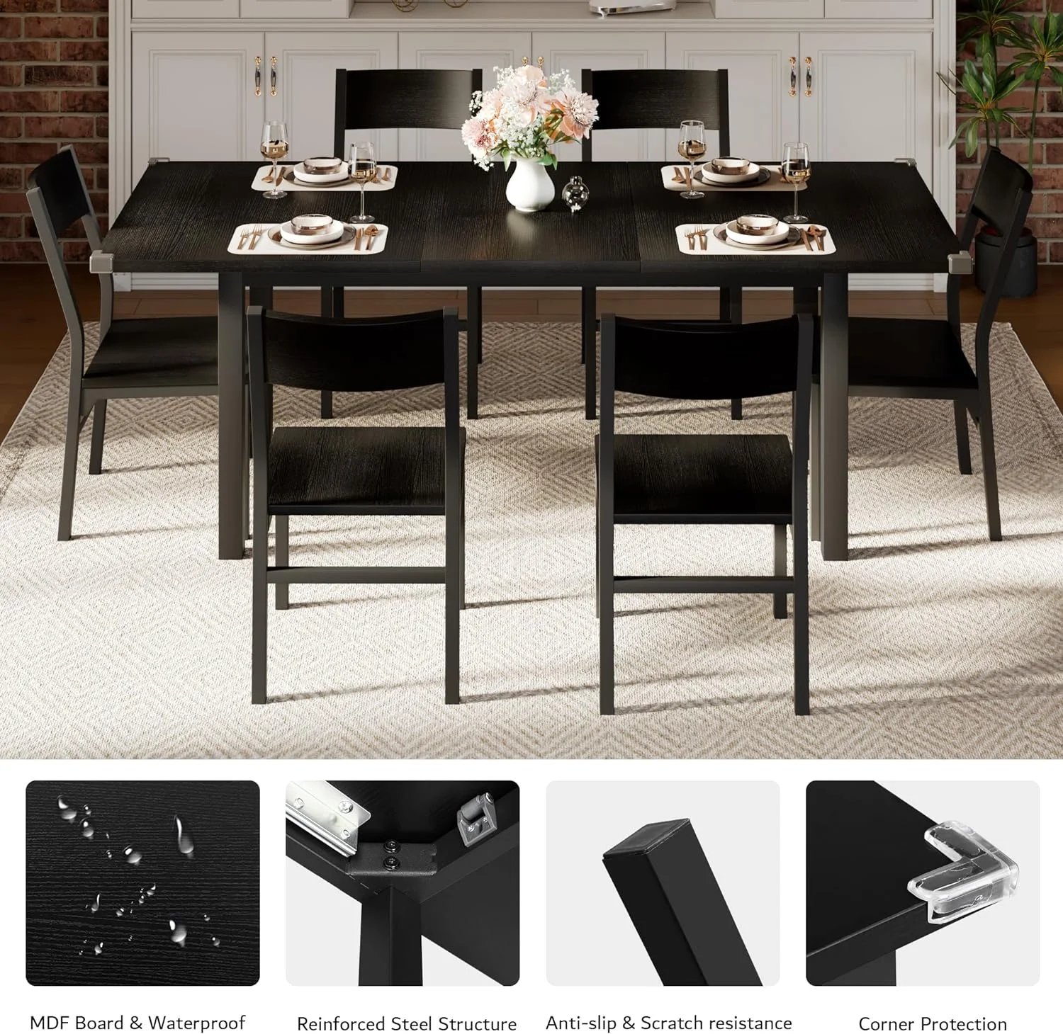 iPormis 63" Extendable Dining Table for 4-8, Square Wooden Dining Room Table with Metal Base, Modern Extendable Table for Small Kitchens, Dining Office Areas, Black - Image 8