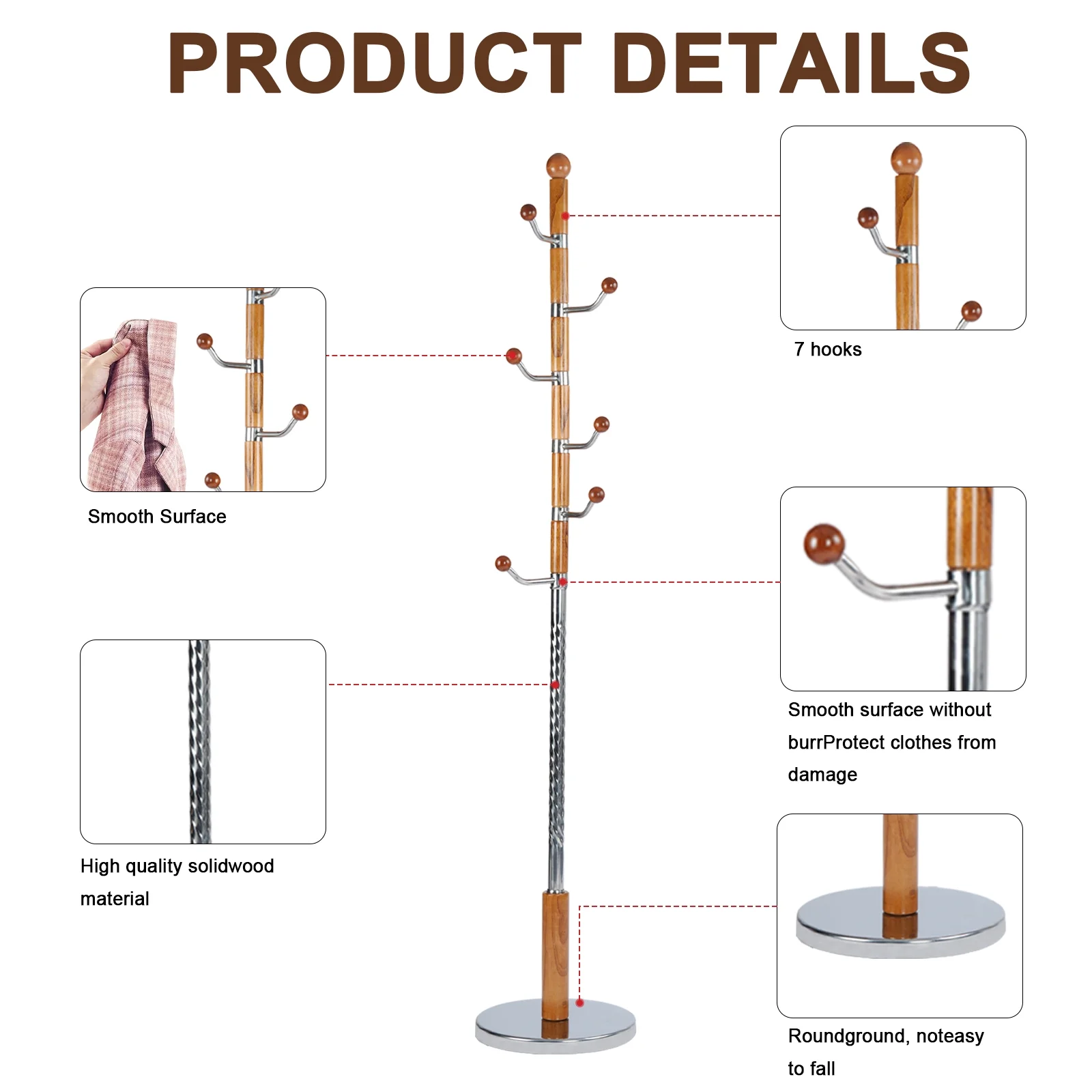 Coat Rack Freestanding, Hall Tree with 11 Hooks, Heavy Duty Wooden Coat Tree Stand, Adjustable Height, Sturdy Base for Bedroom Hallway Office - Load 270lbs - Image 40