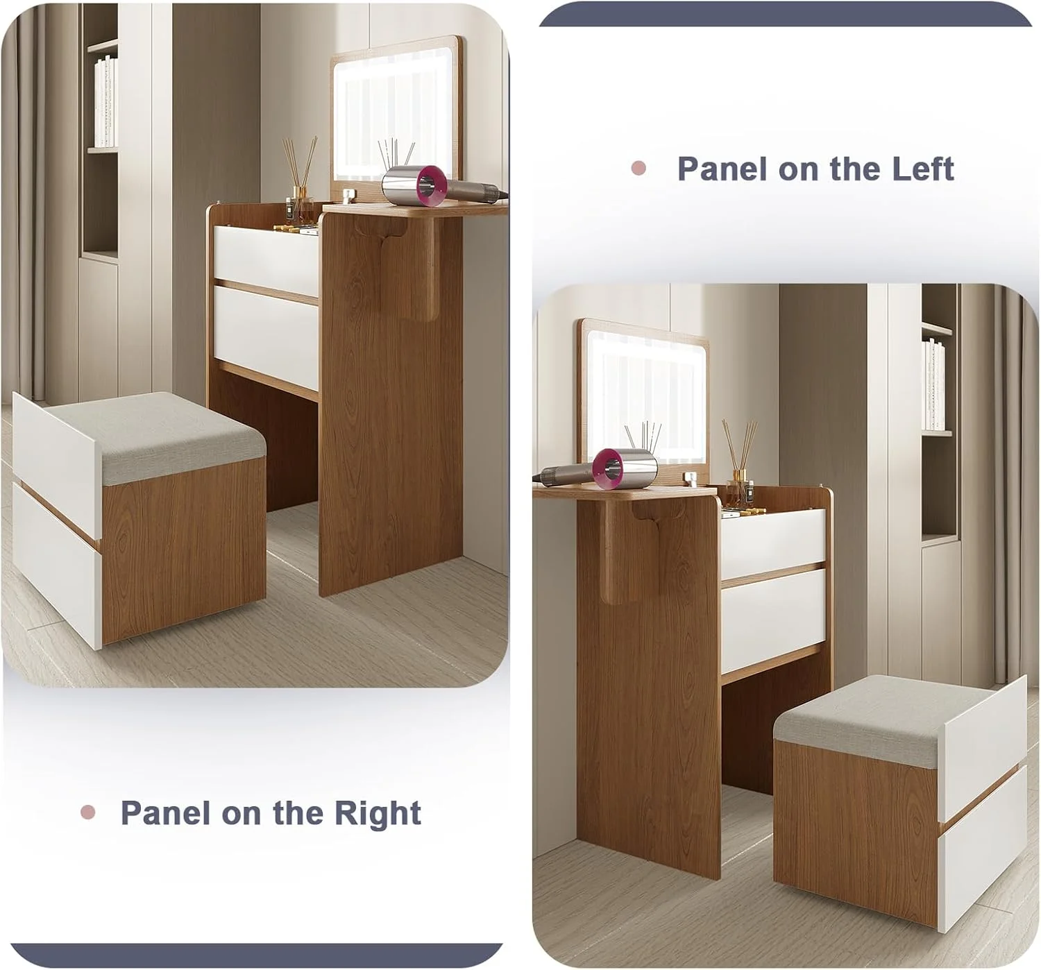 Vanity Desk with Flip Top Lighted Mirror, Compact Makeup Table with Storage Stool, Integrated Vanity with Drawers, 3-in-1 Vanity Set, Small Dressing Desk for Bedroom - Image 13