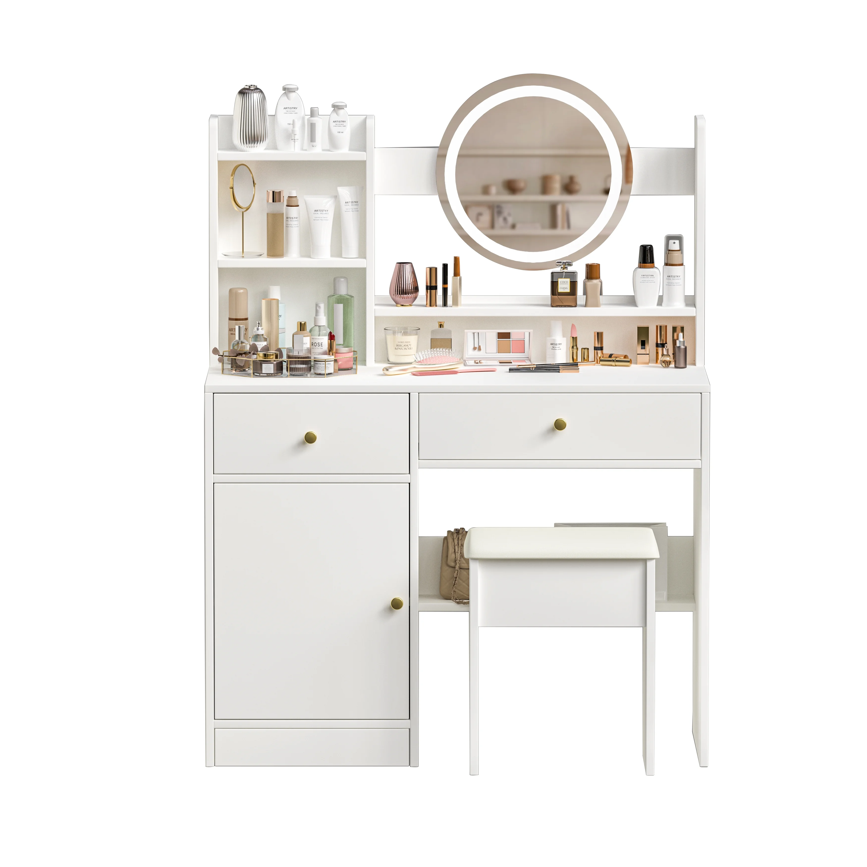 Montary Modern Mini Vanity w/Adjustable LED Mirror + Hidden Storage, Padded Stool & Dustproof Shelves (White) - Image 108