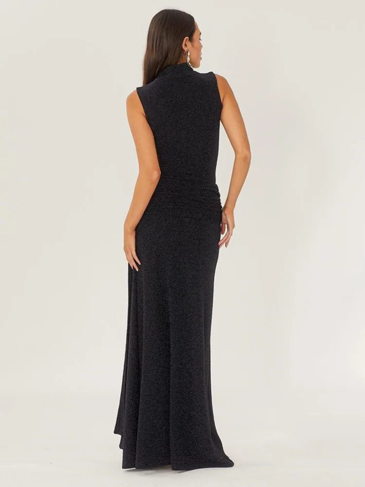 Sexy Shiny Women’s Long Dress Slim Fit Party Evening Woman Dress Female Pleated Ribbon Sleeveless Vesidos Autumn - AZJHJ