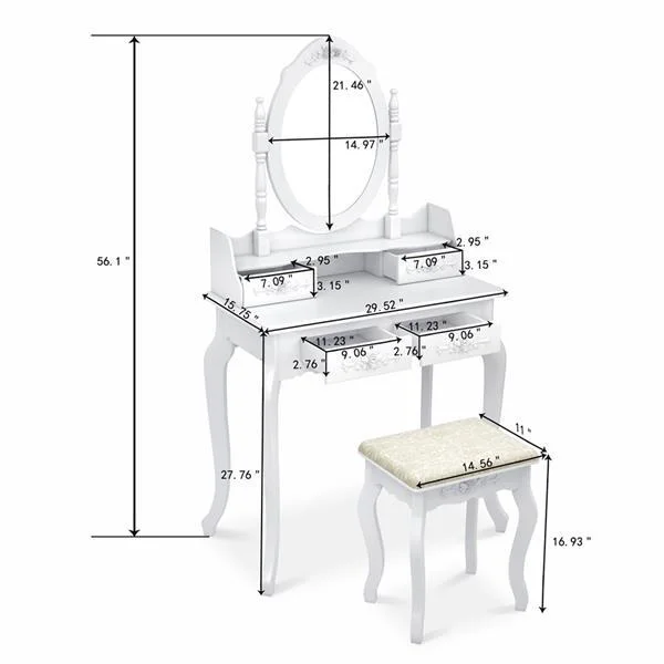 Alvantor Makeup Vanity Desk with Mirror, 4-Drawer Dressing Table with 360�� Rotation Mirror & Stool, White